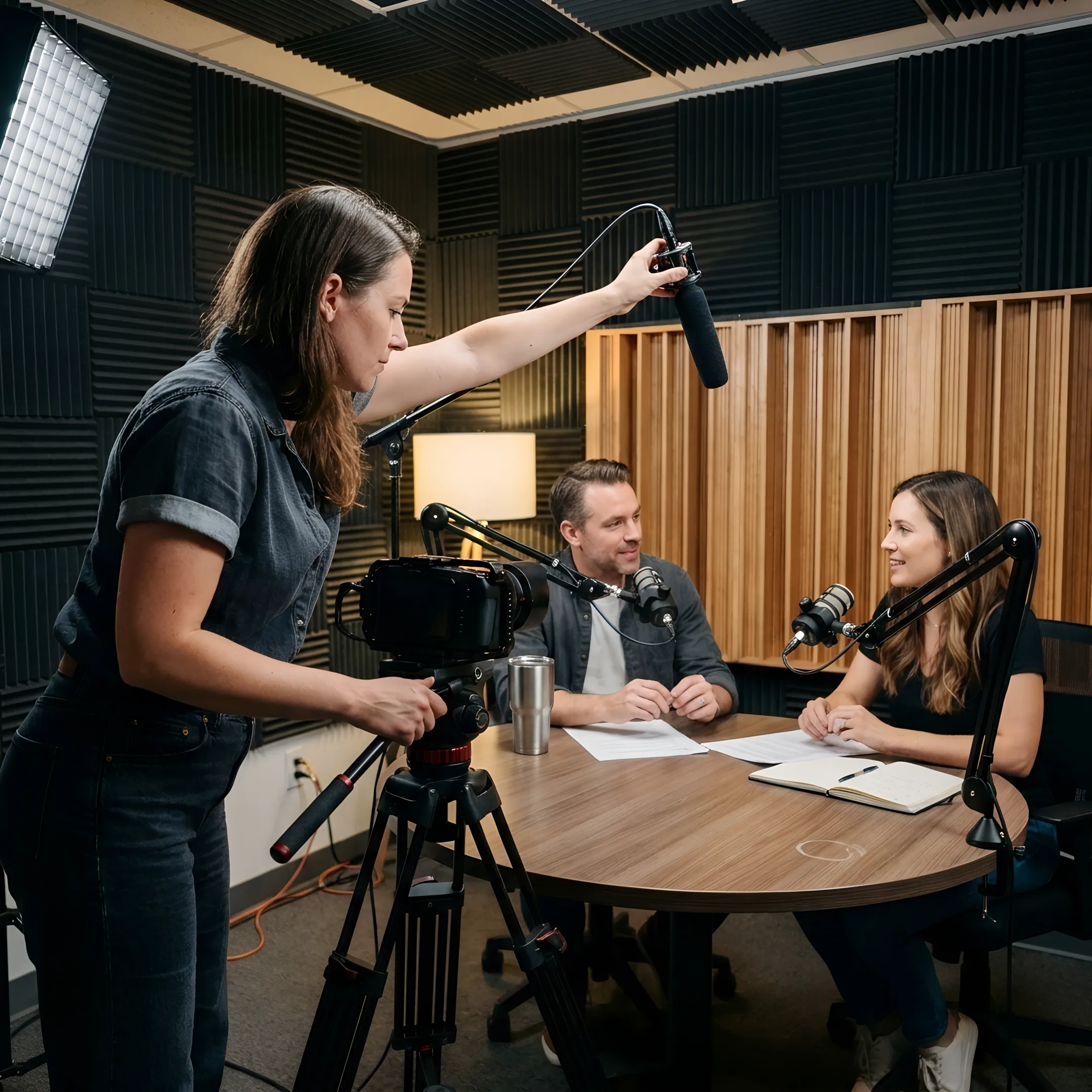 Producer adjusting podcast studio camera setup