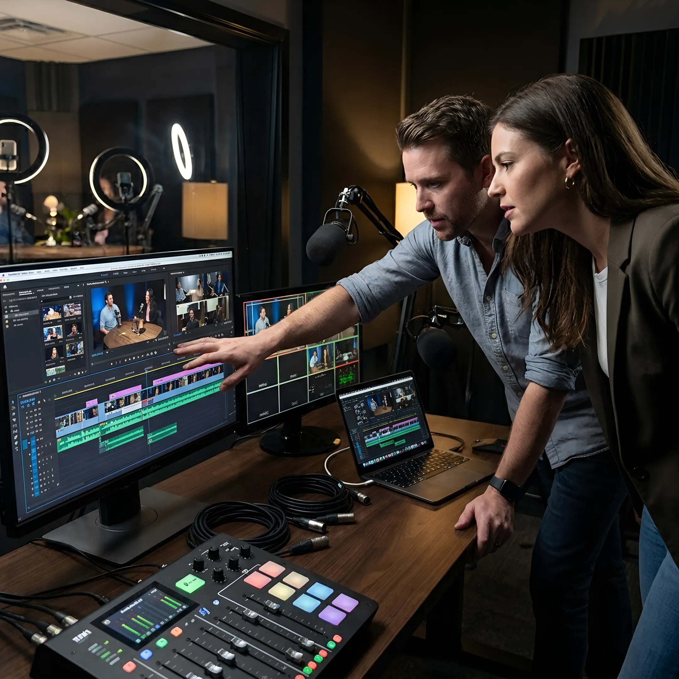 Video podcast team reviewing recorded footage