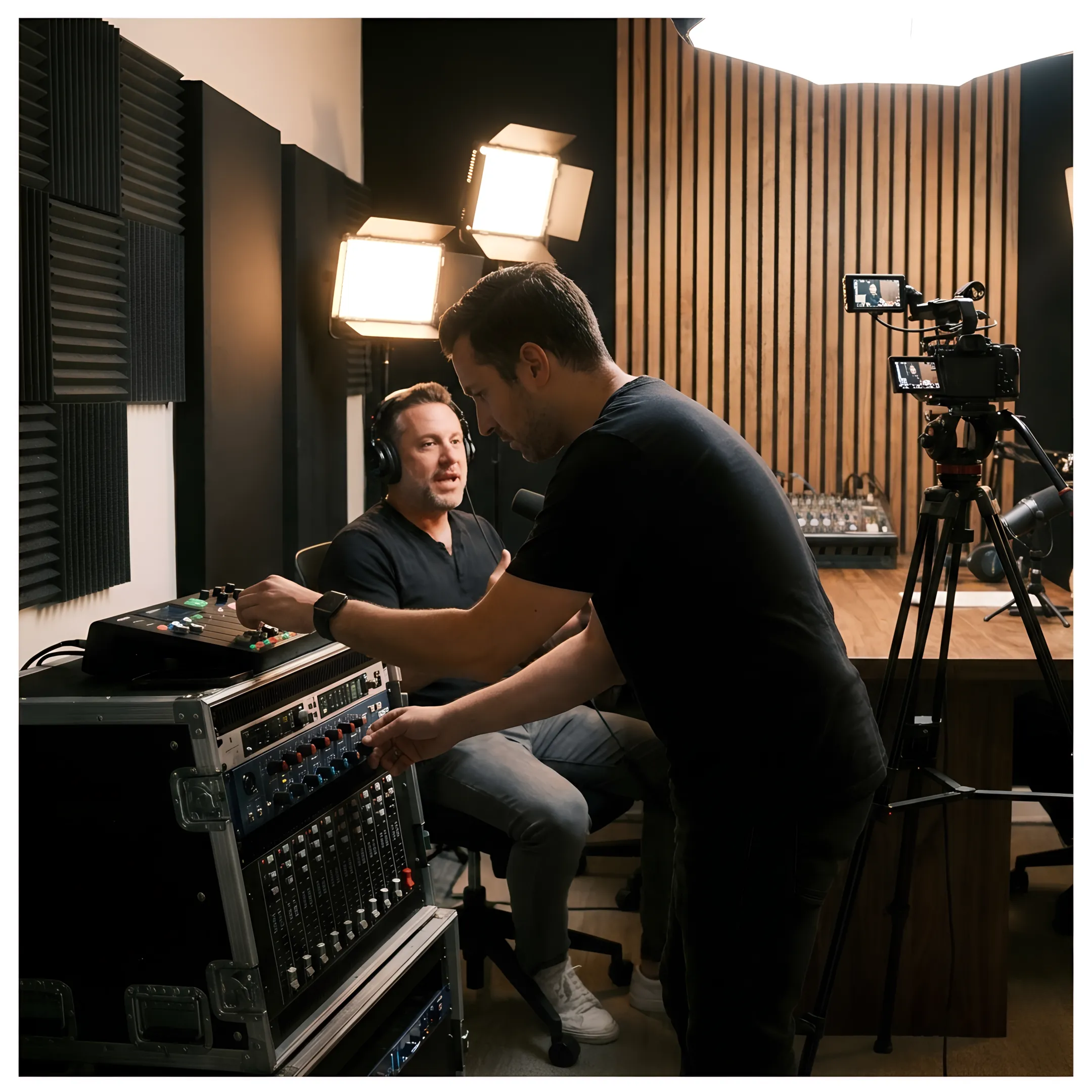 Producer adjusting recording equipment in a studio
