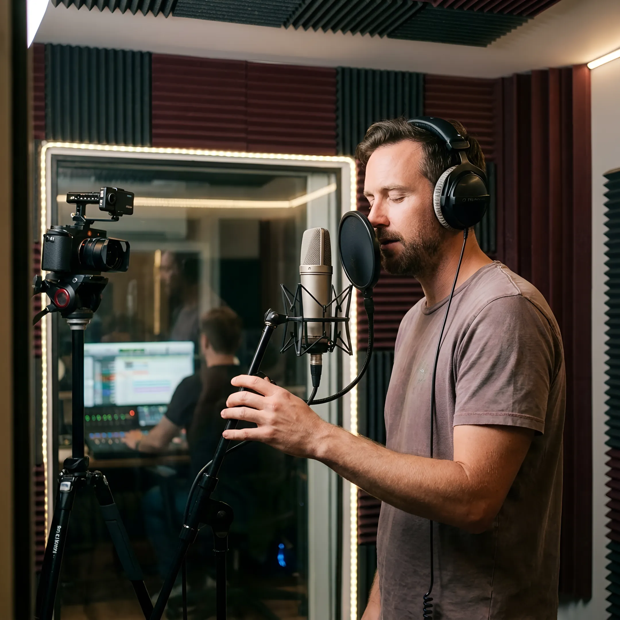Creator recording audio in a professional studio