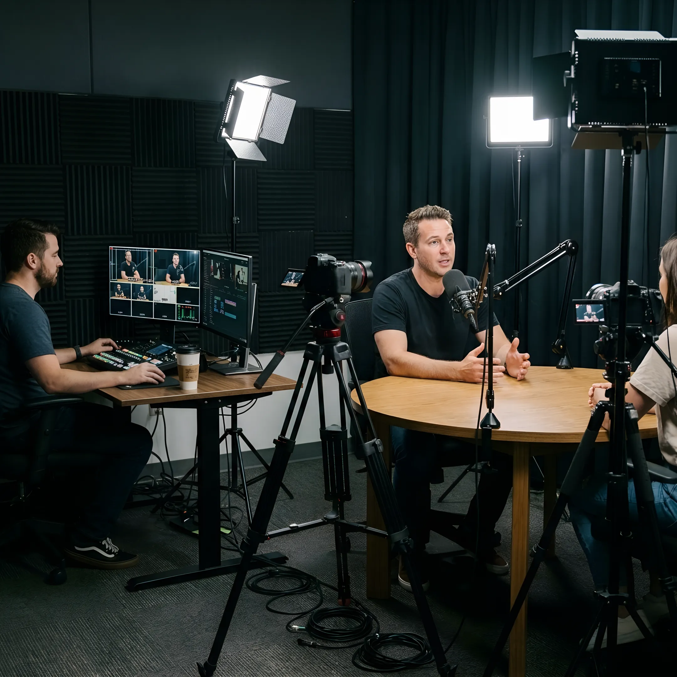 Creator recording a multi-camera podcast in a professional studio