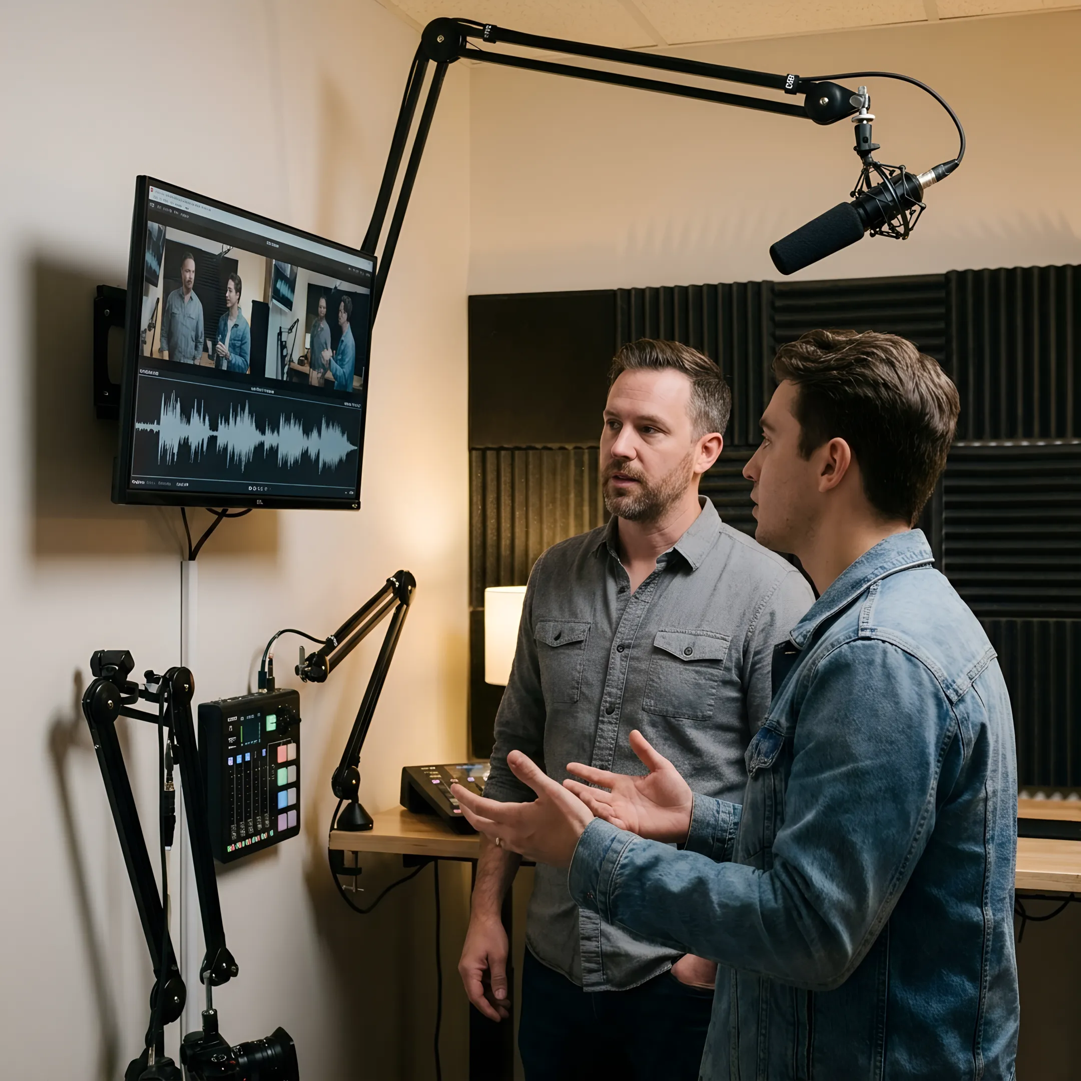 Producer and creator reviewing a podcast recording setup