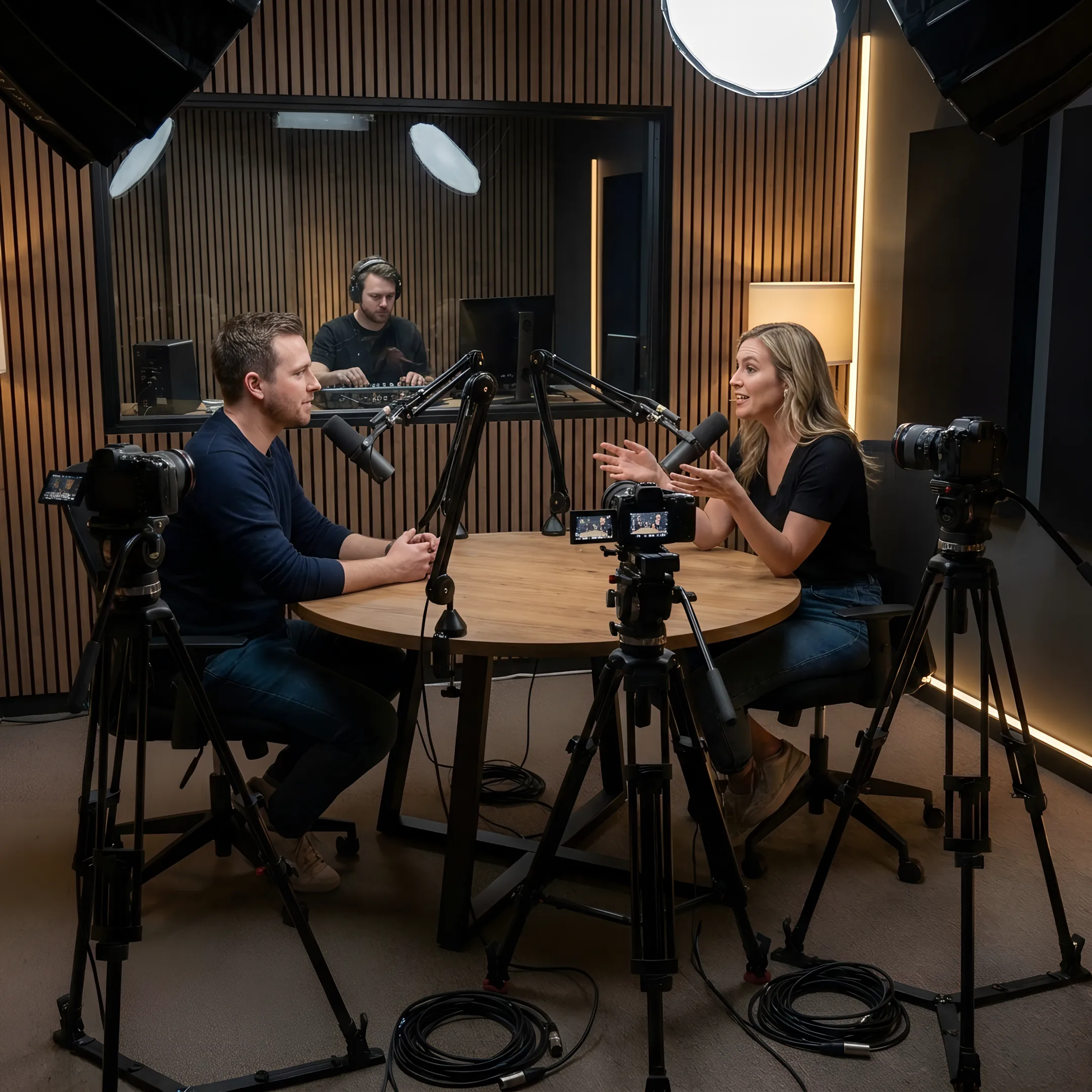Creator recording a multi-camera podcast in a professional studio