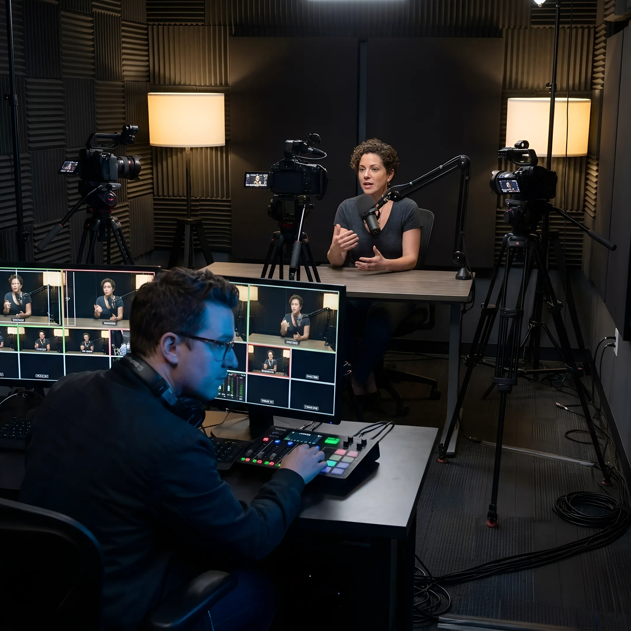 Producer assisting a creator during a professional video recording