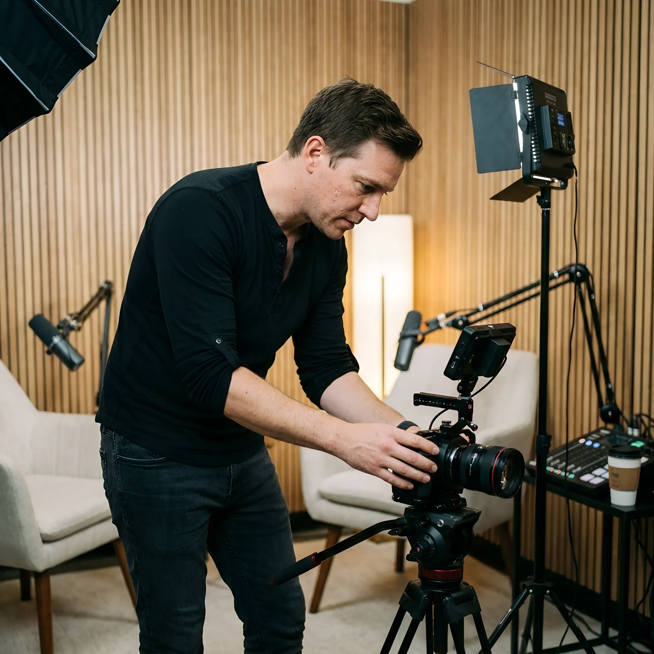 Producer preparing cameras and microphones in a recording studio