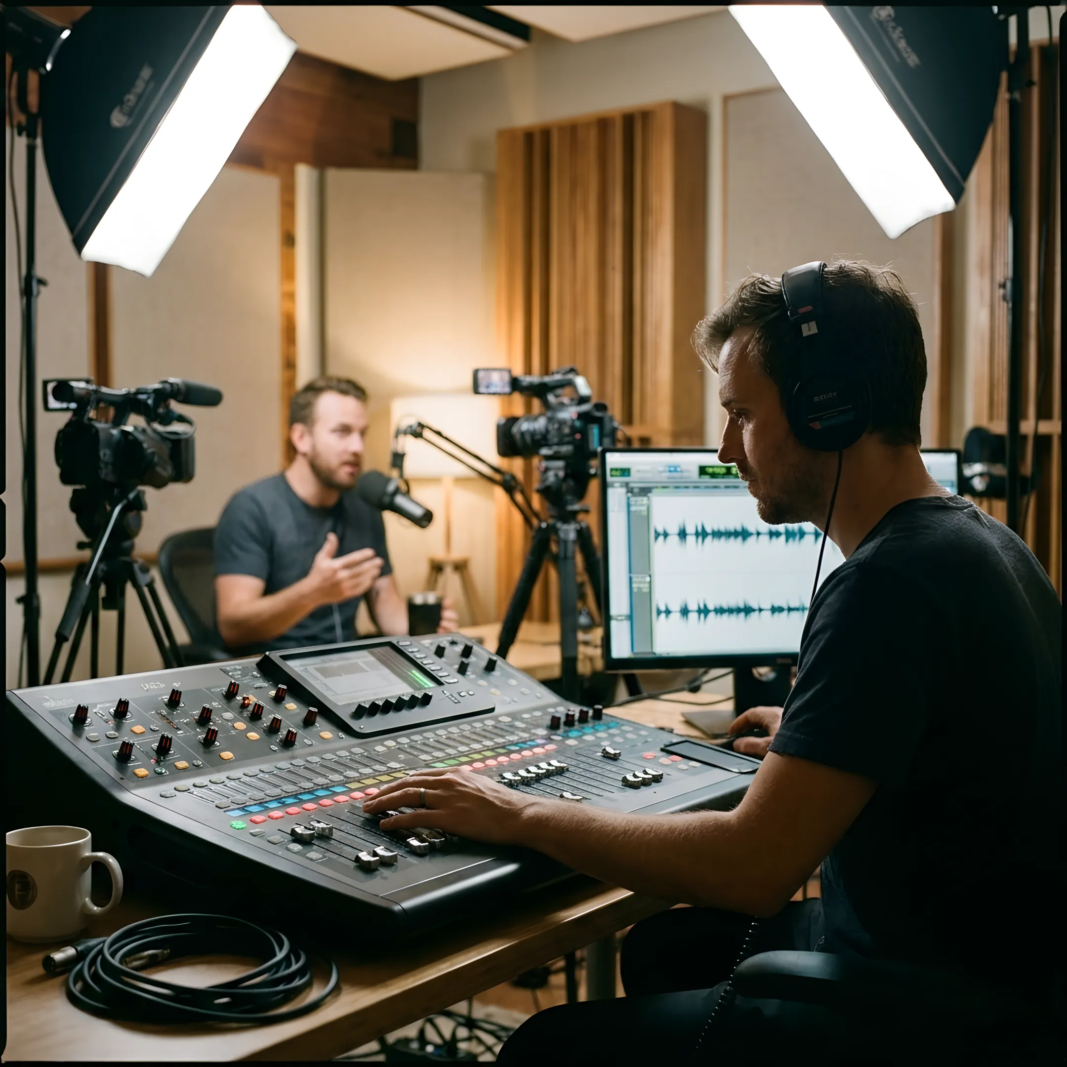 Engineer assisting a podcaster during a multi-camera session