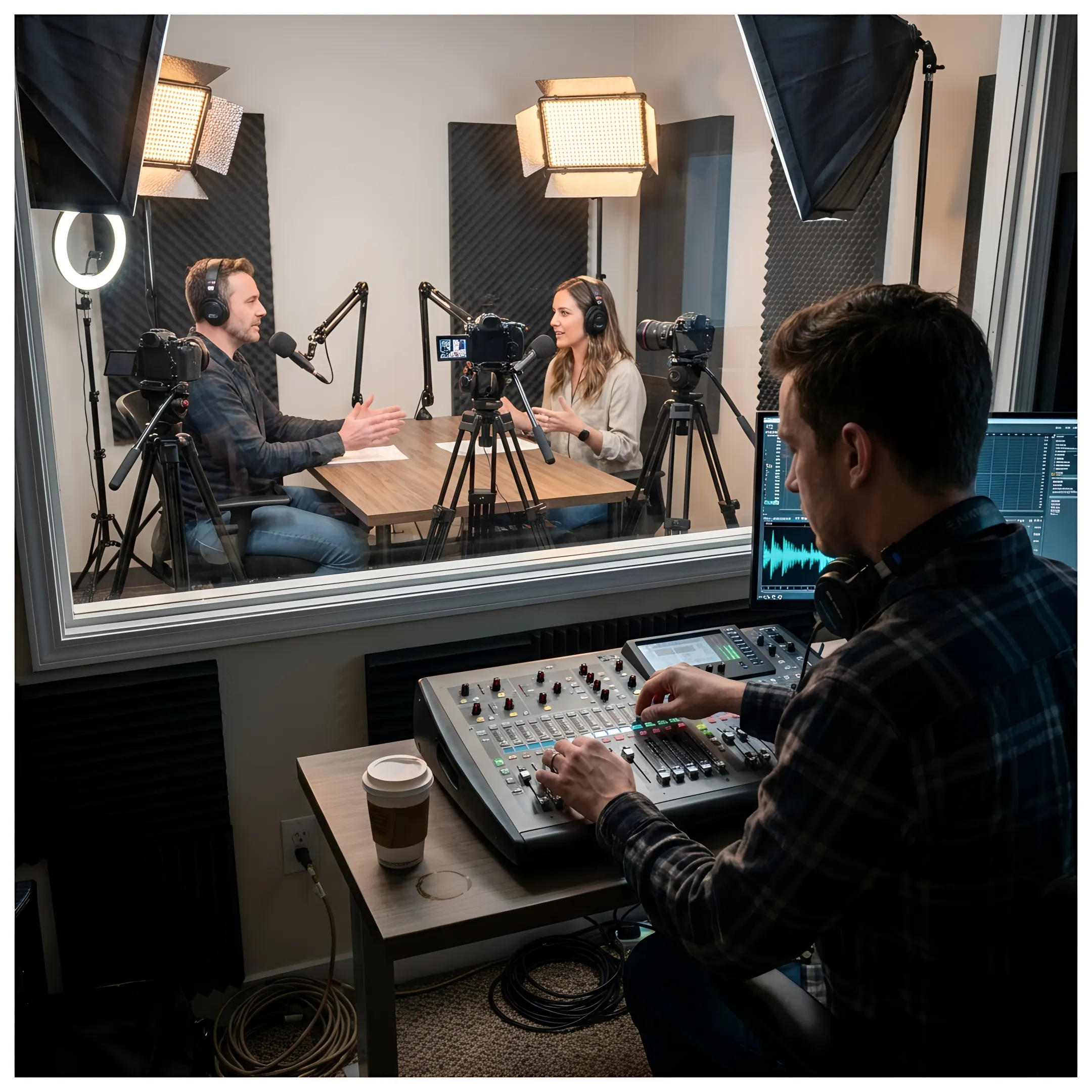 Engineer assisting creators during a podcast recording