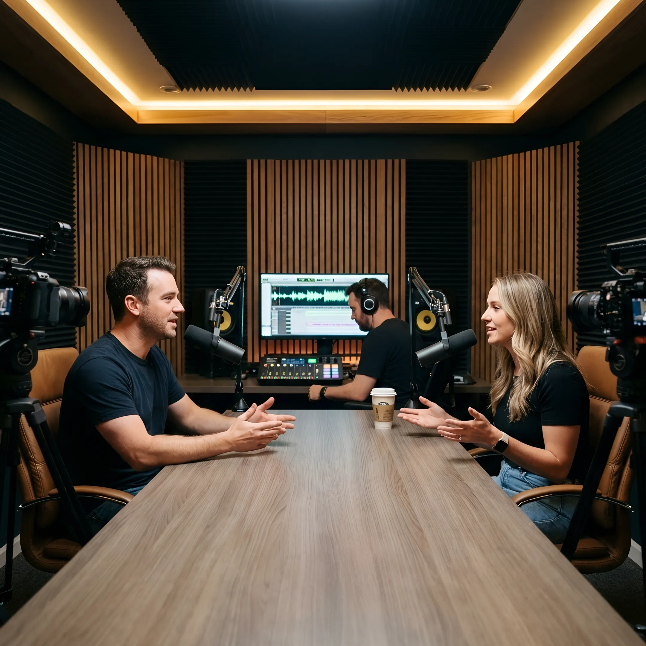 Podcast creators recording in a professional studio
