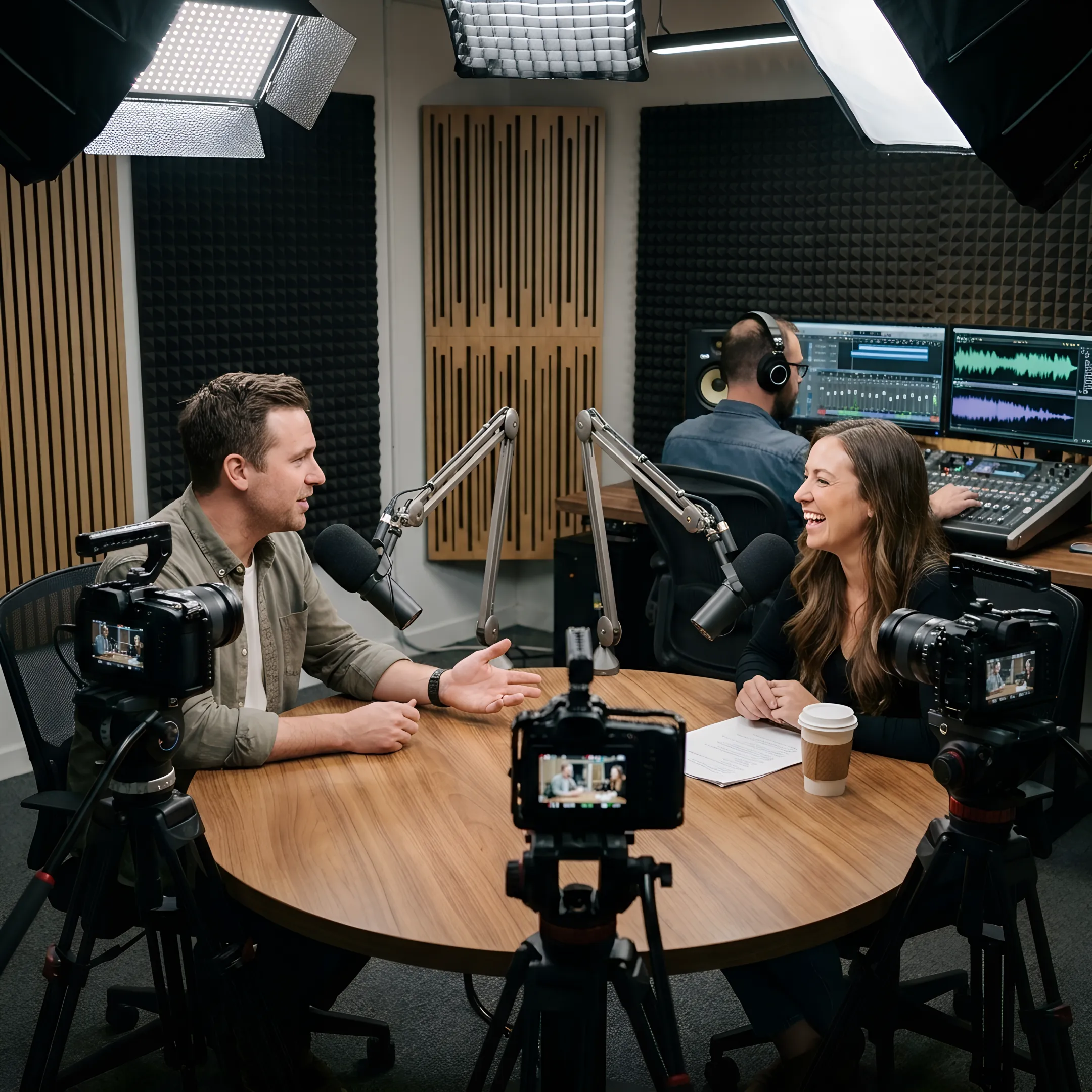 Podcast hosts recording in a professional studio