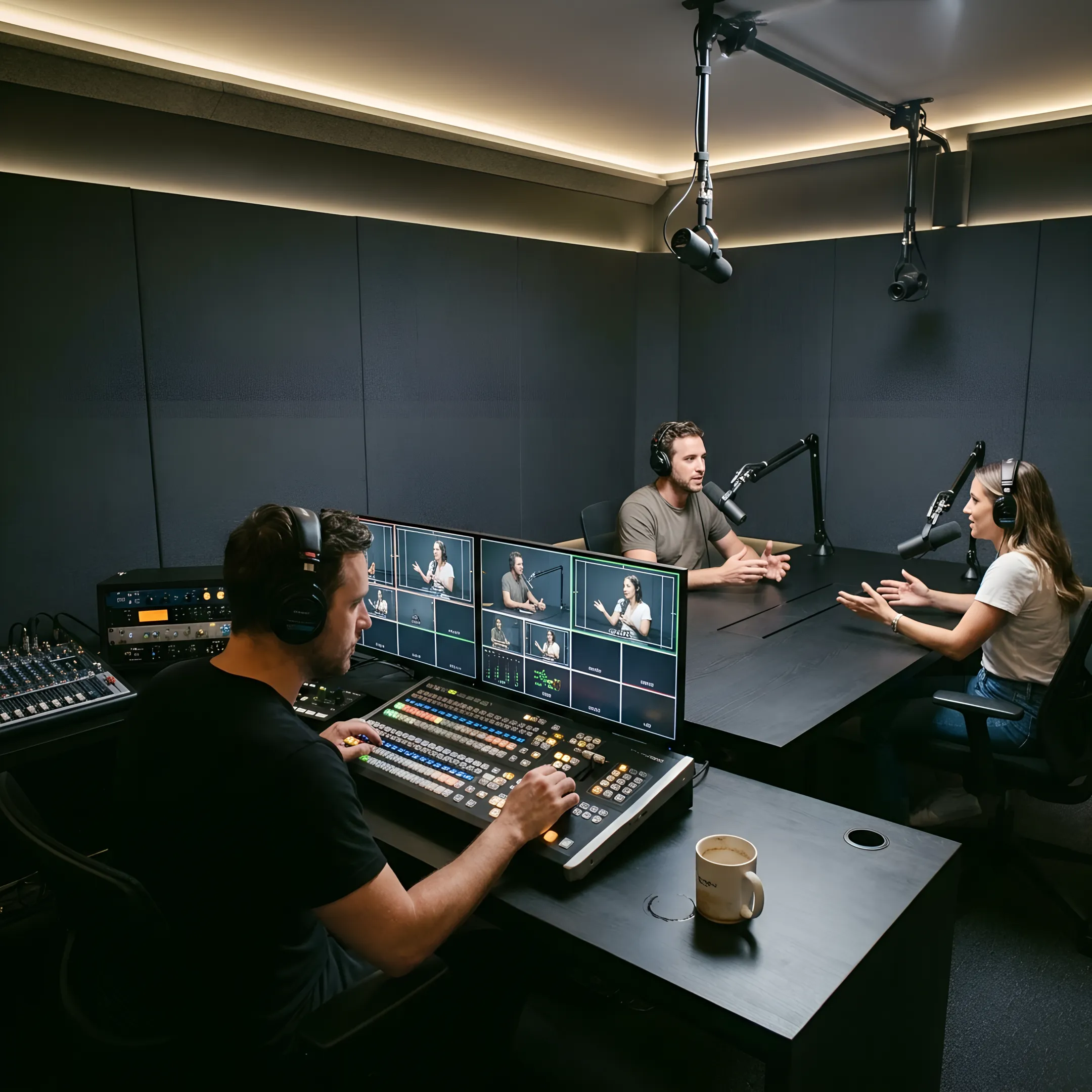 Producer assisting podcasters during a video recording