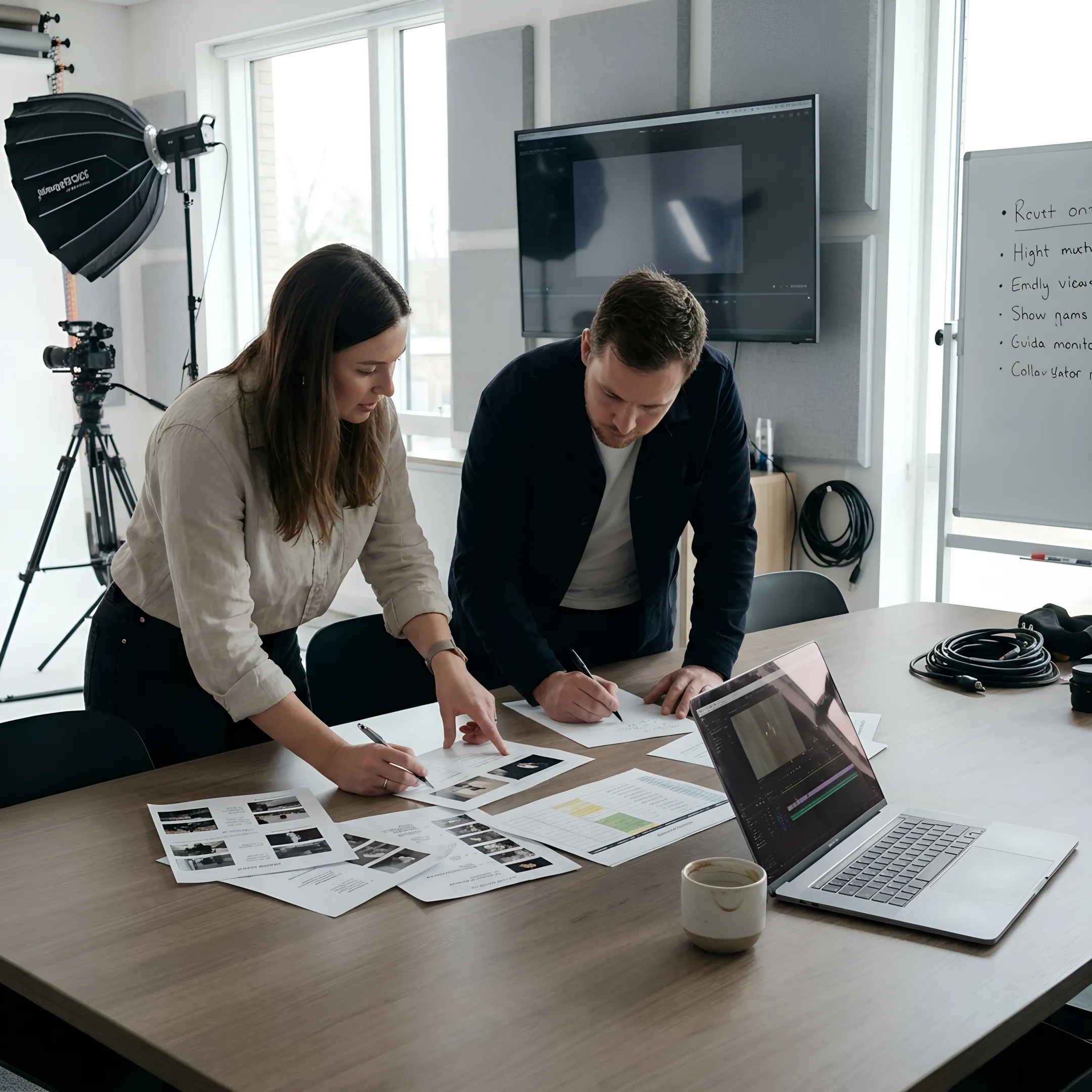 Brand team reviewing video production plans