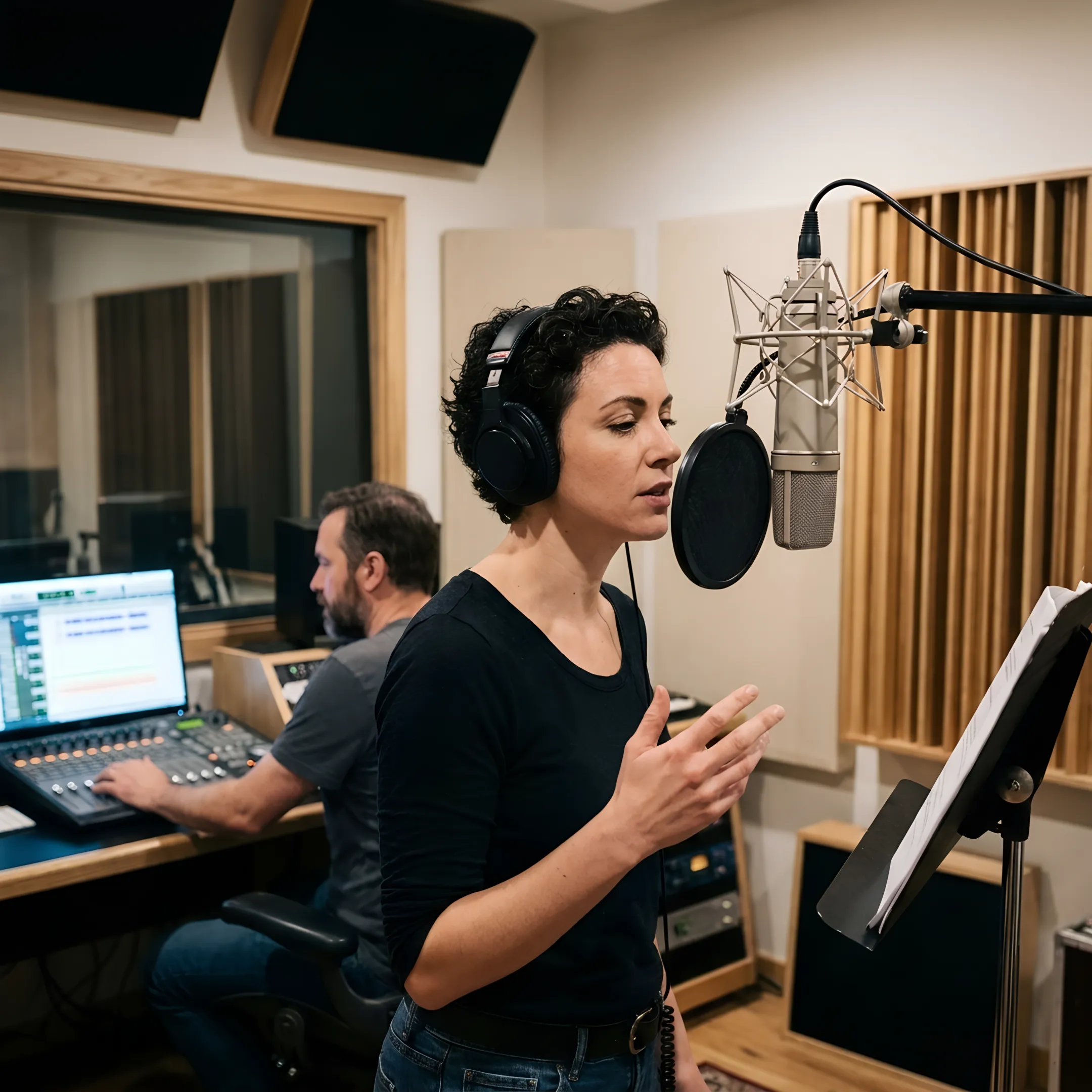 Voice talent recording in a professional studio