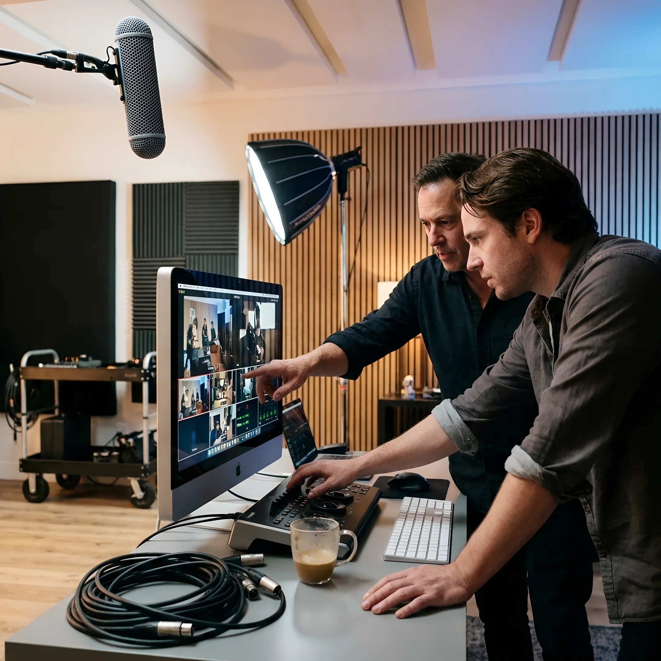 Video production team reviewing footage