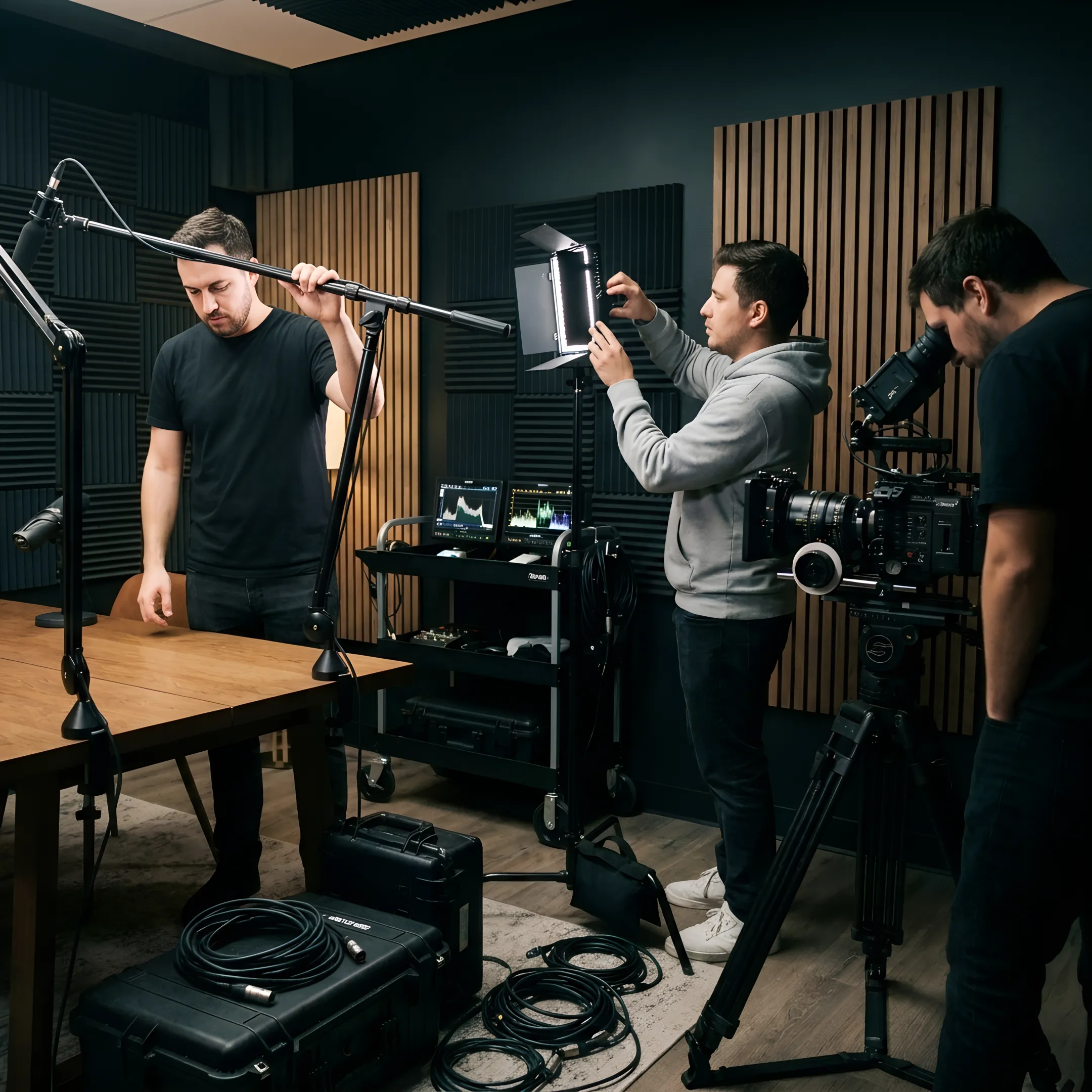 Production team preparing a podcast studio