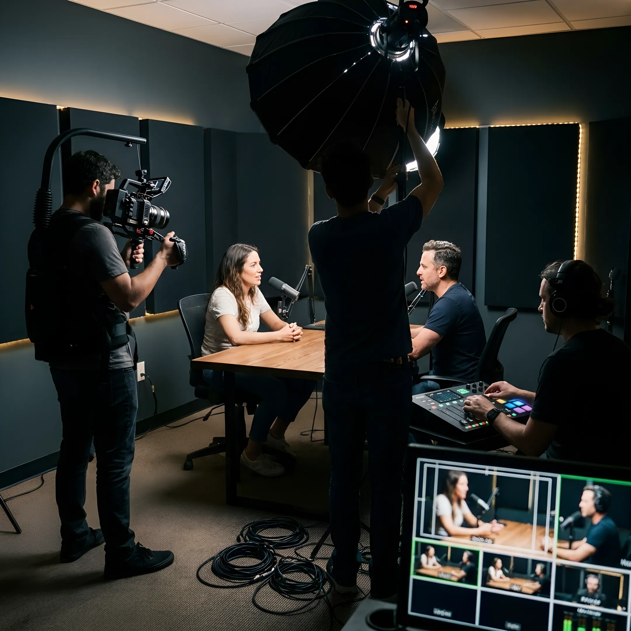 Video production crew filming in a Los Angeles studio