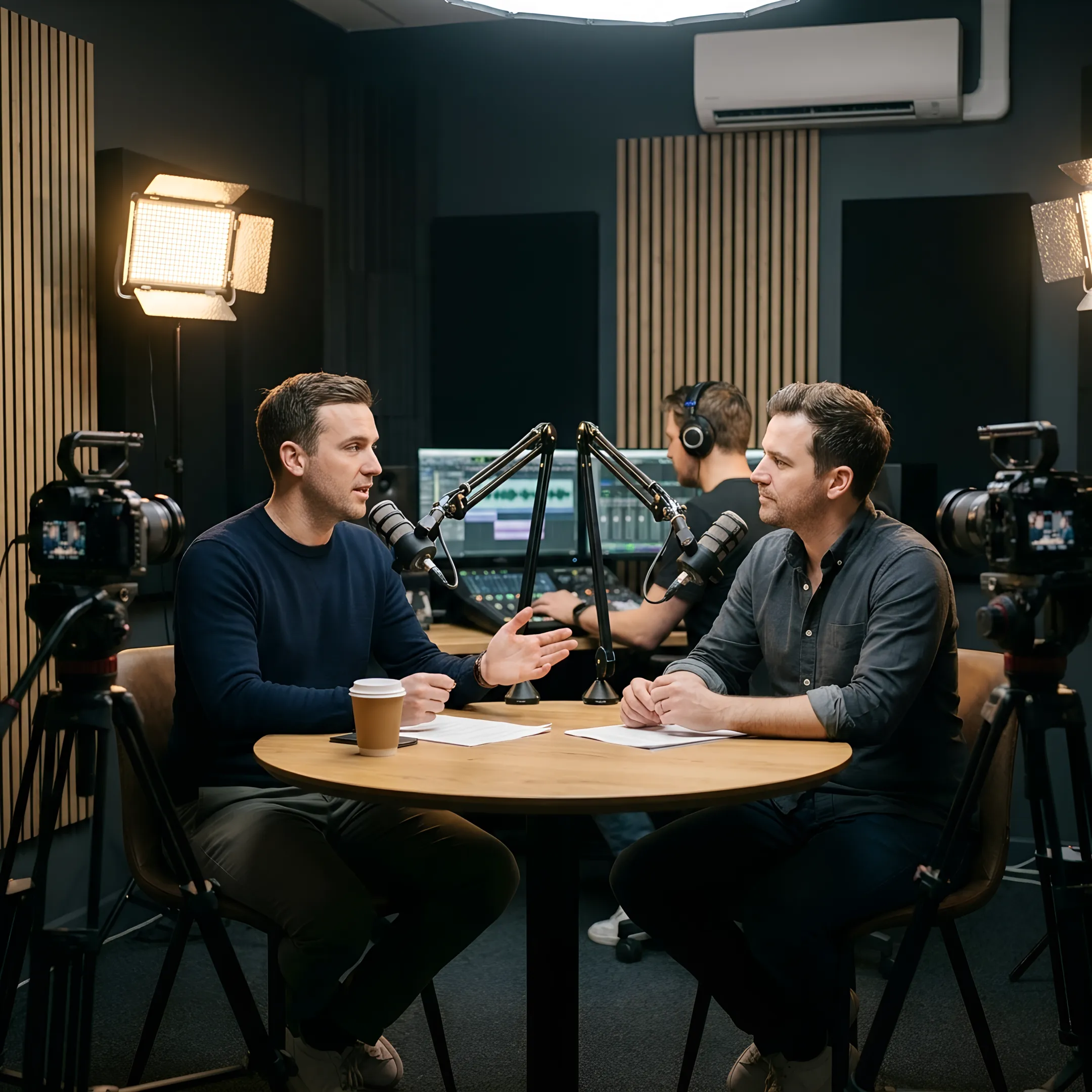 Podcast creators recording in a professional studio