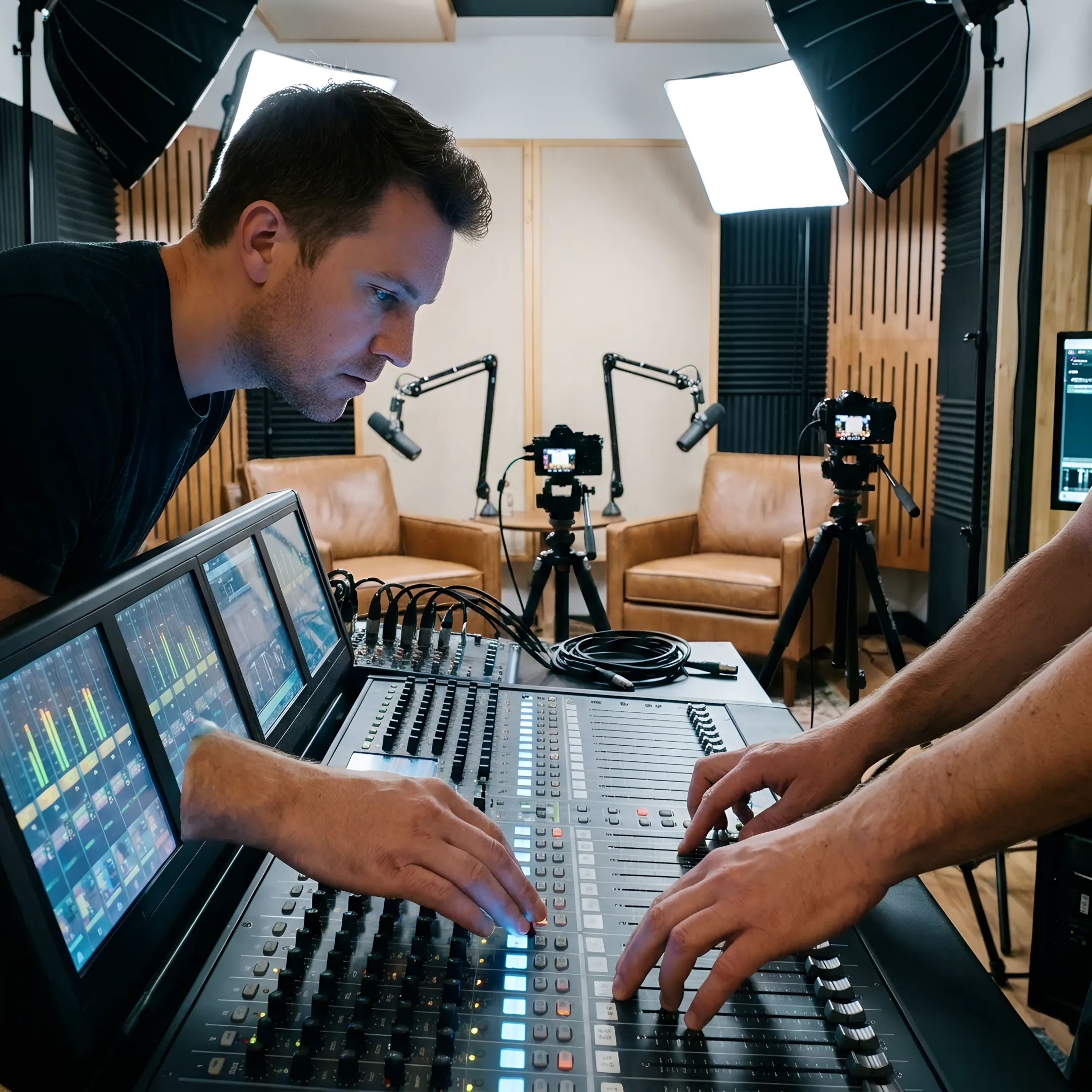 Engineer preparing a multi-camera podcast studio