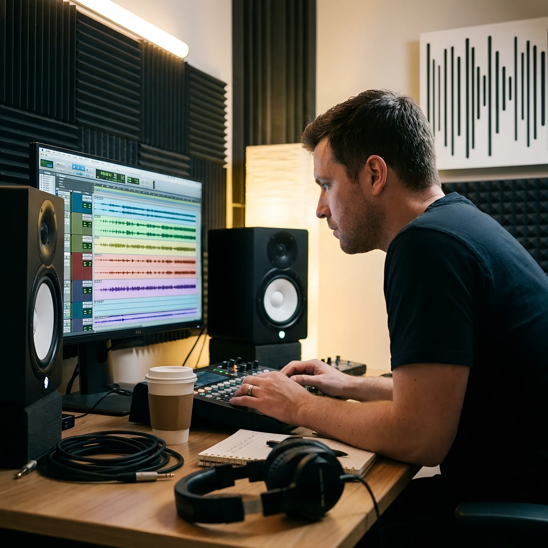 Engineer and creator reviewing audio in a studio