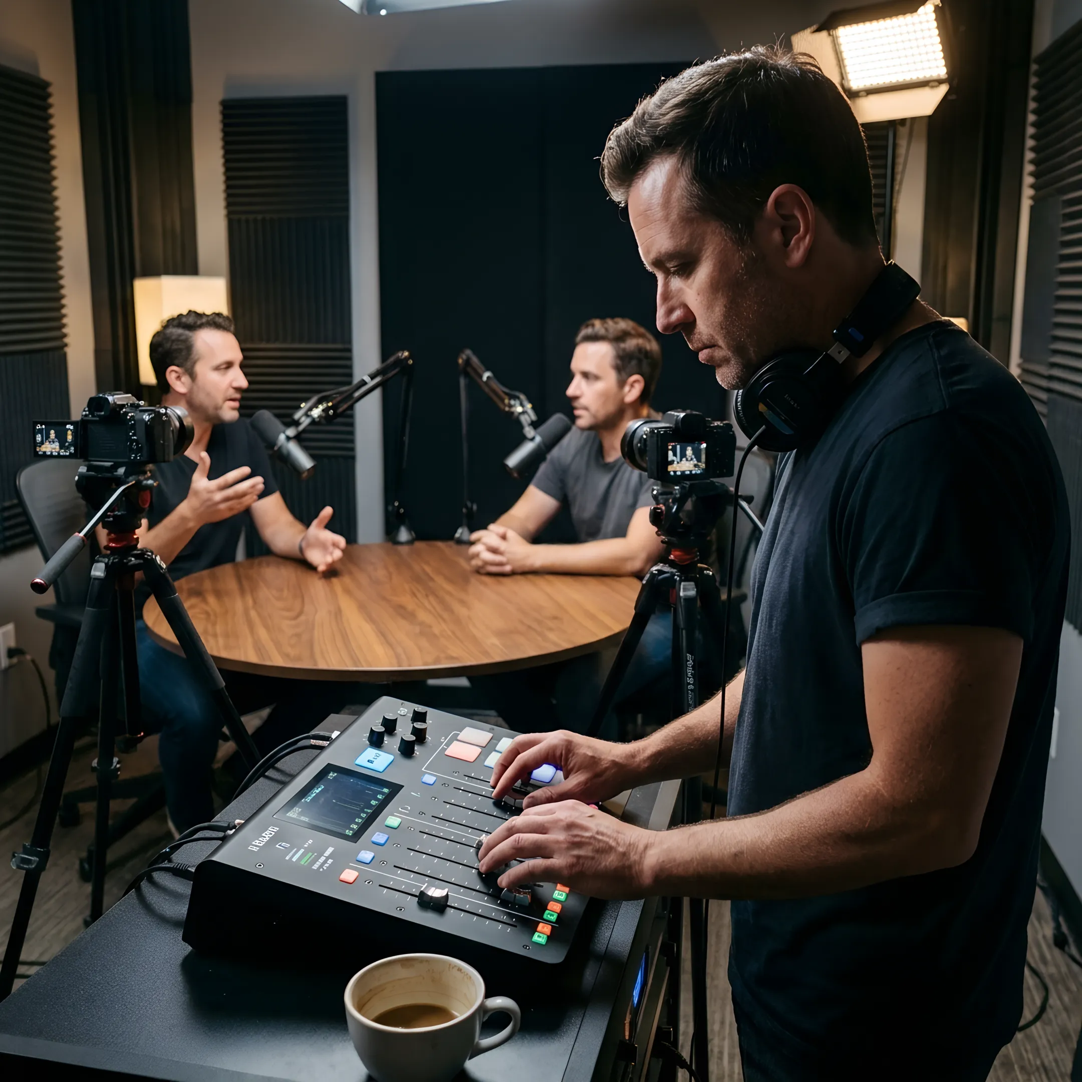 Producer adjusting audio controls in a recording studio