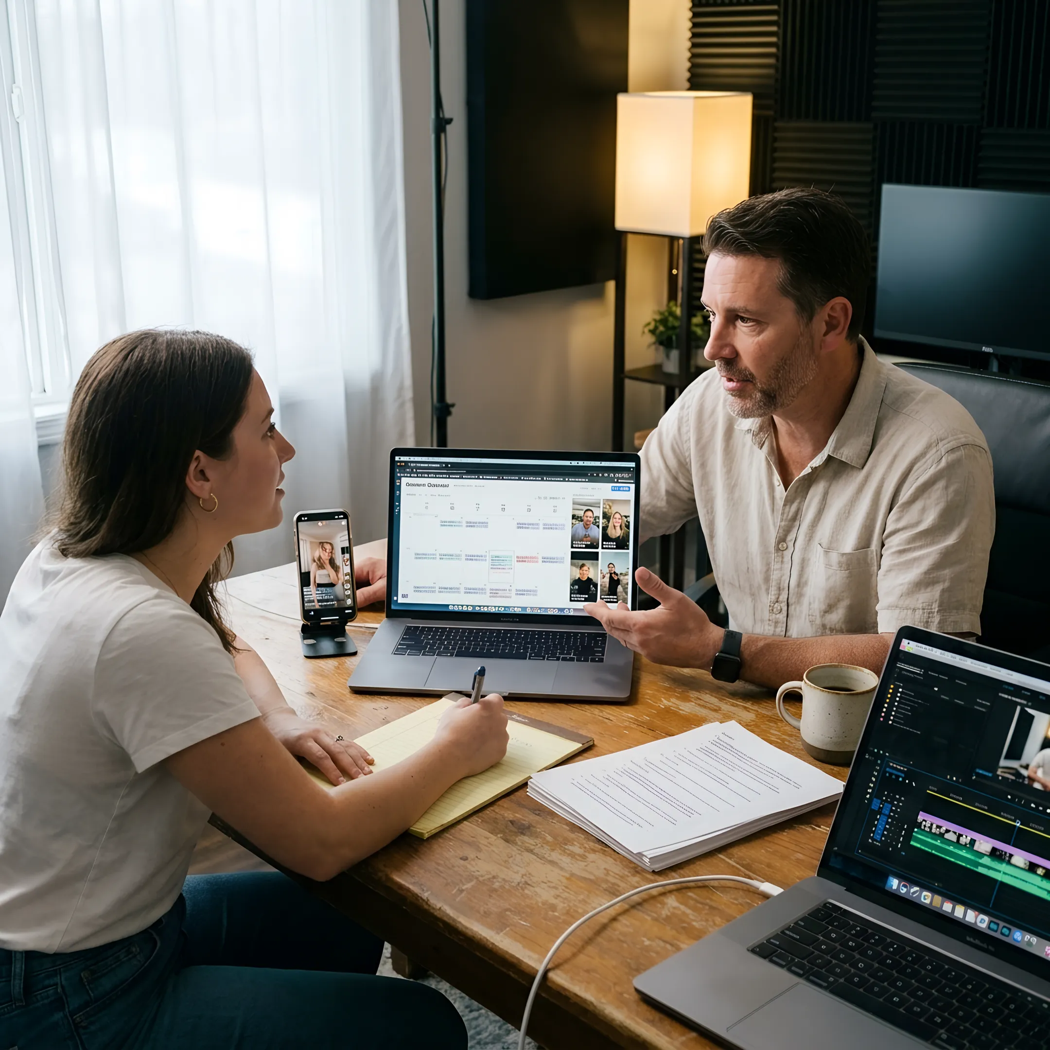 Producer and business owner reviewing a content marketing plan
