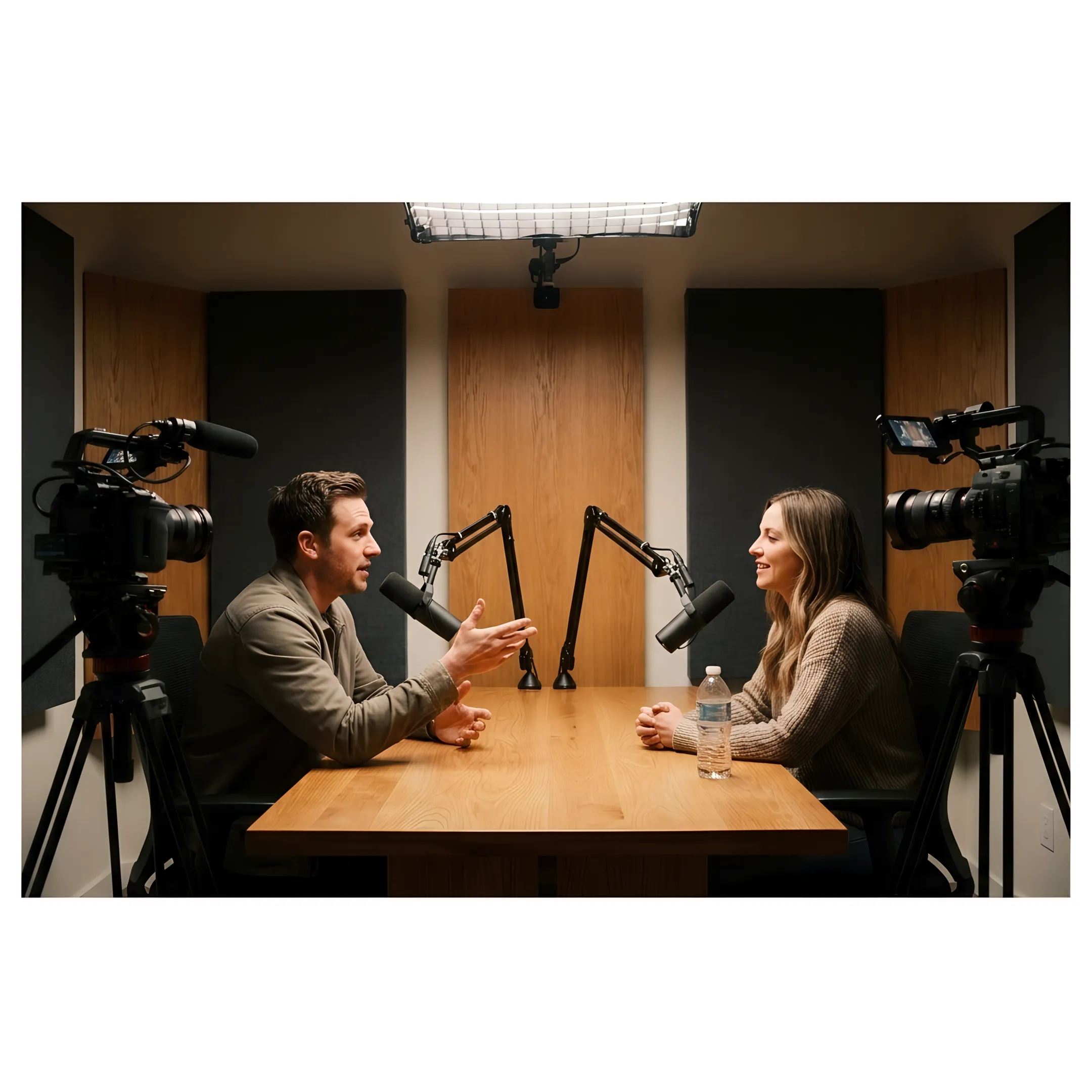 Professional podcast recording studio with cameras and microphones