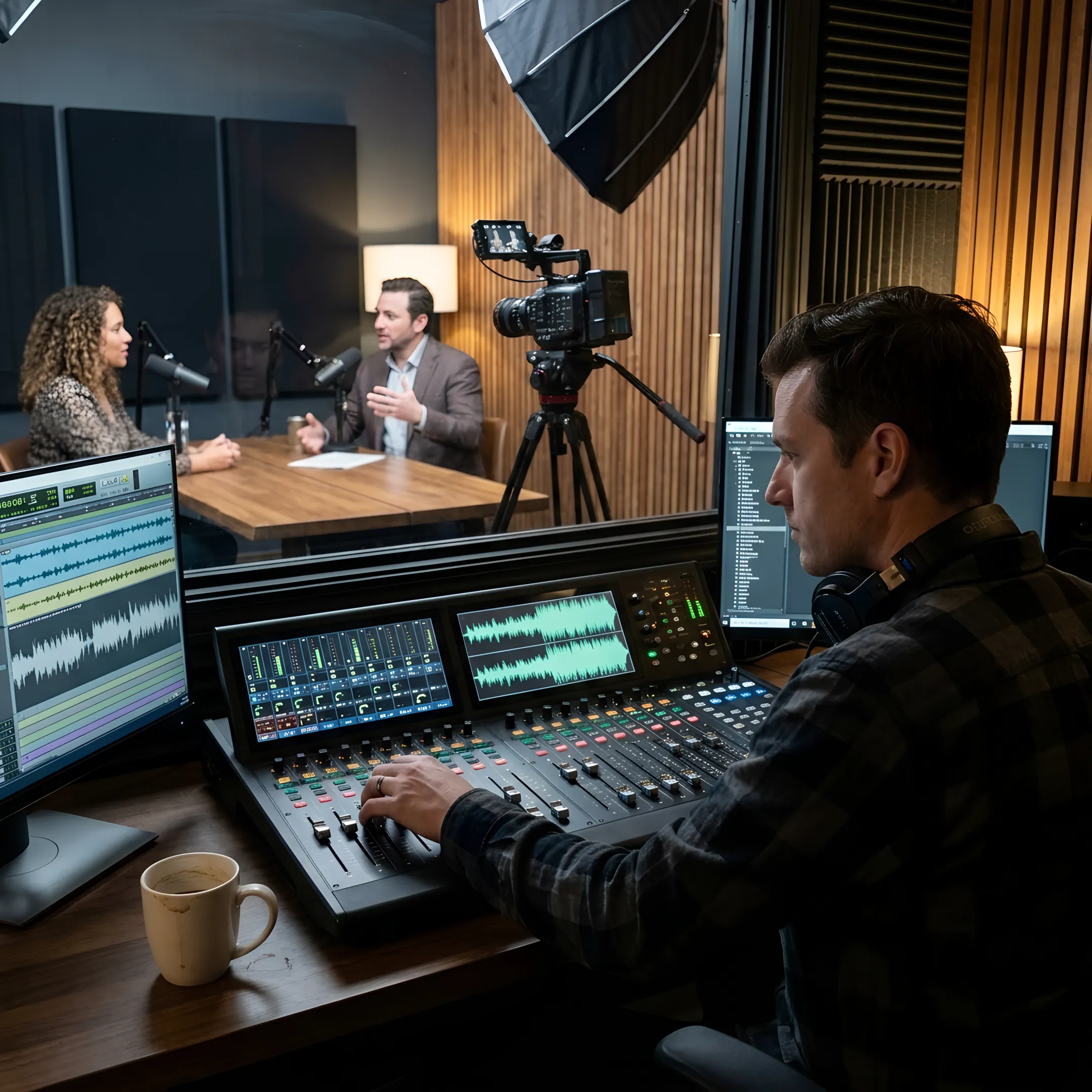 Producer assisting a podcast host in a recording studio
