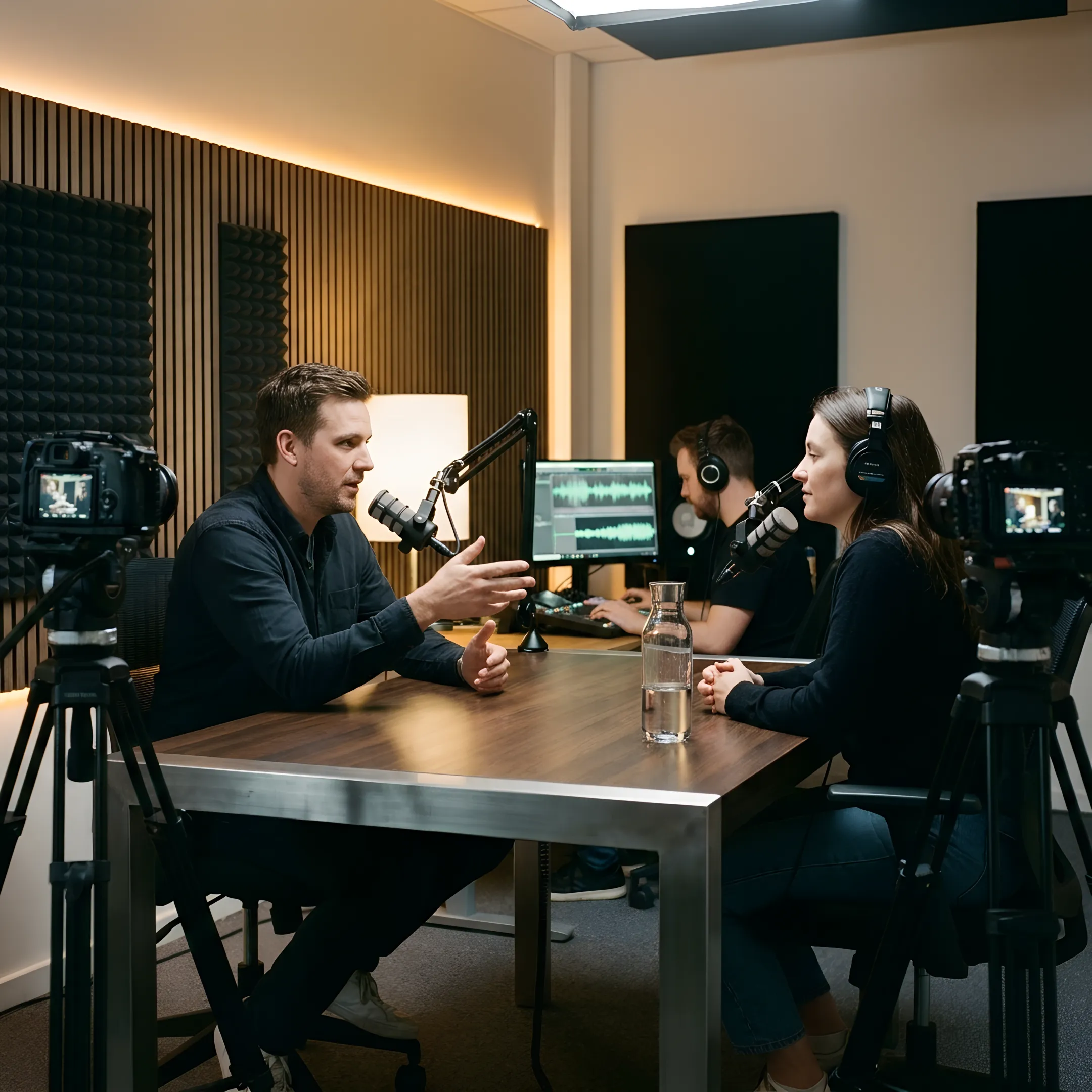 Podcast hosts recording in a professional studio