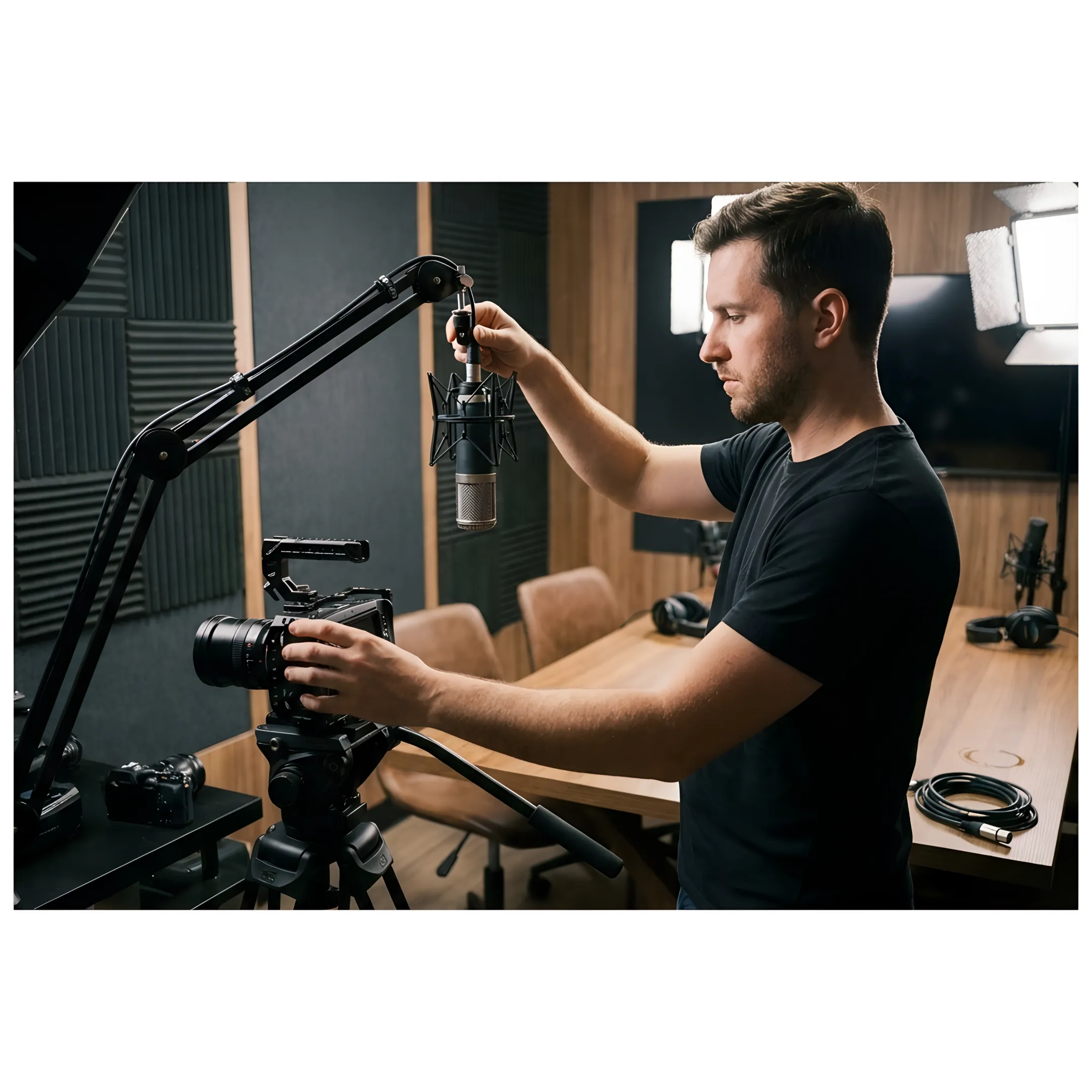 Producer preparing a podcast studio session