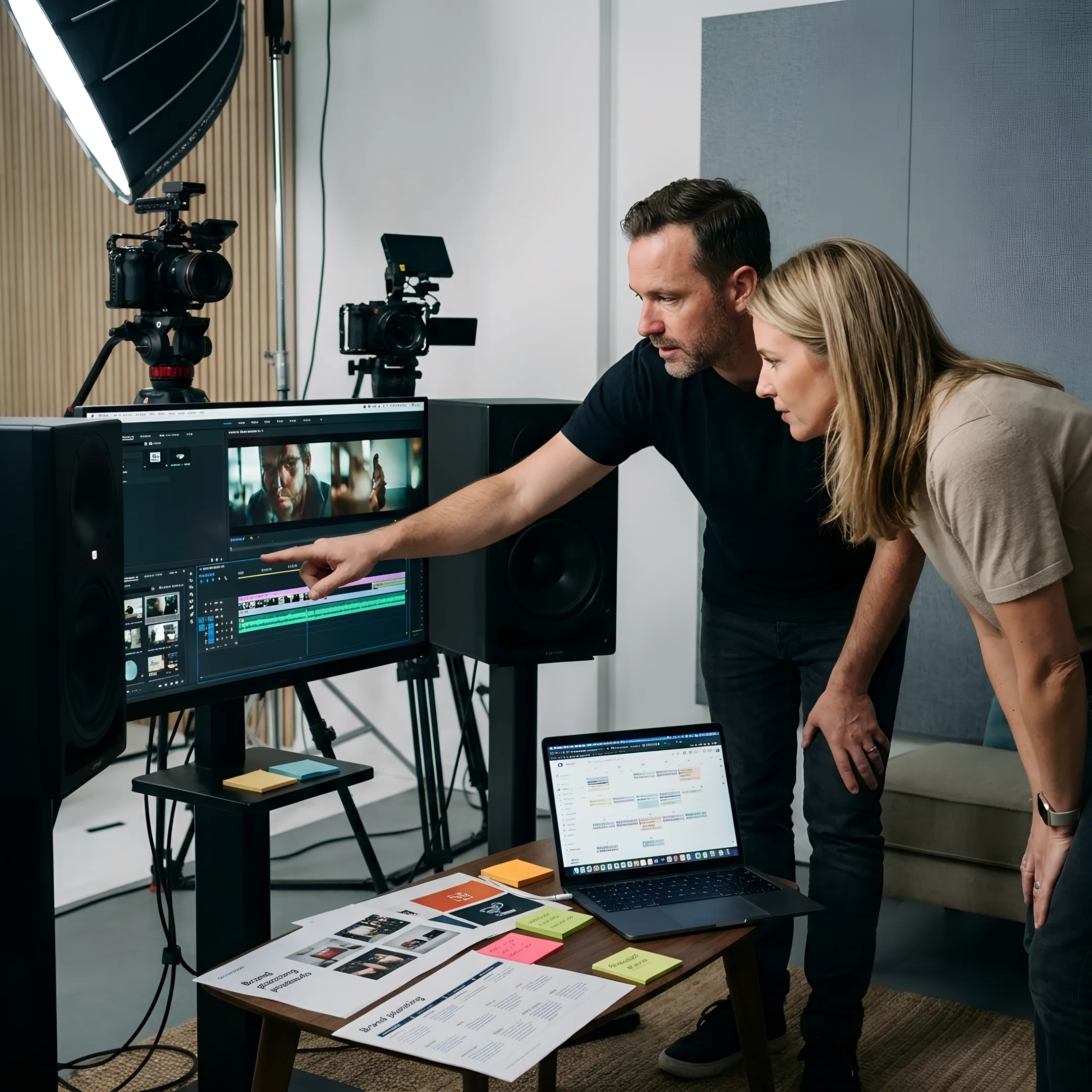 Production team reviewing a brand video shoot