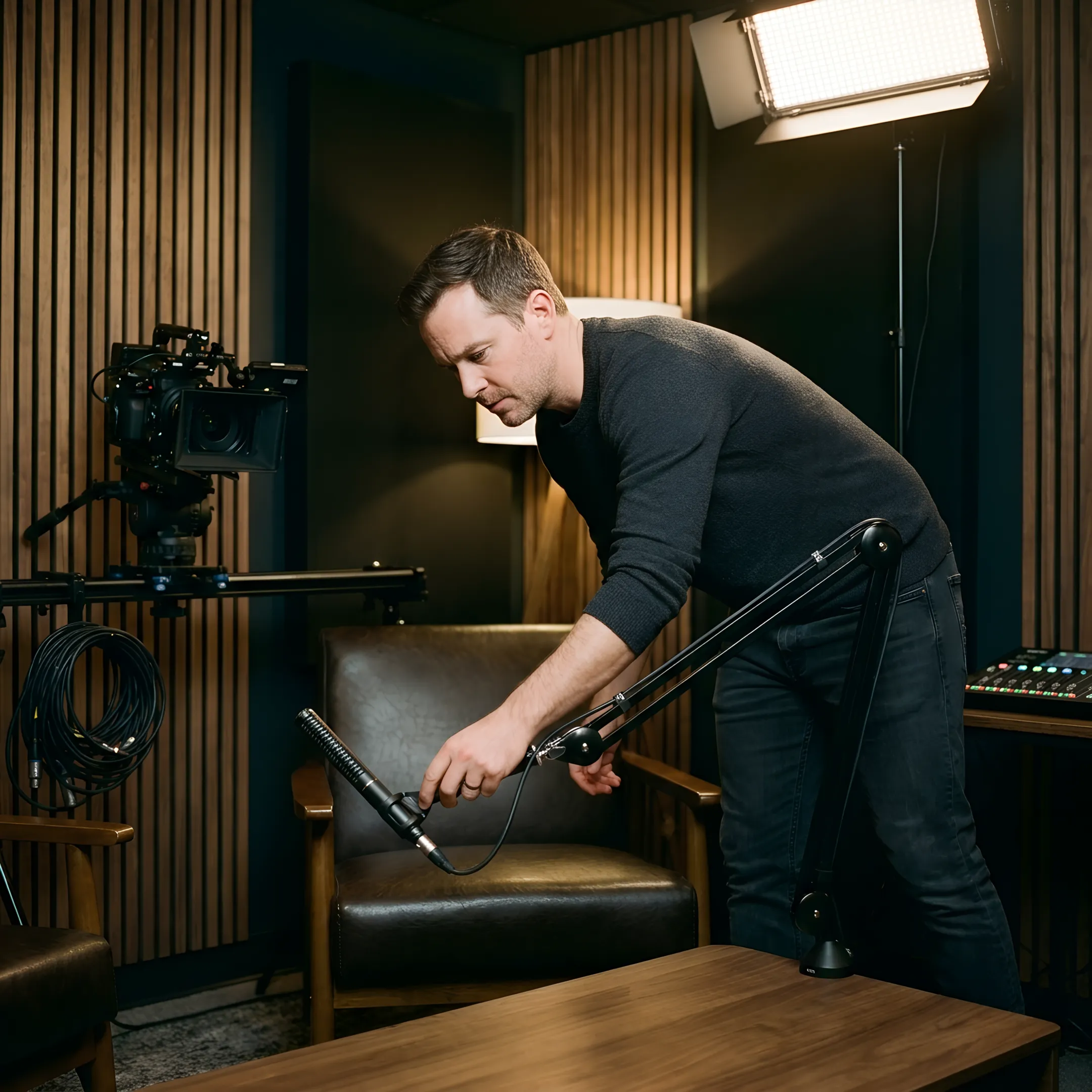 Producer preparing a professional podcast recording