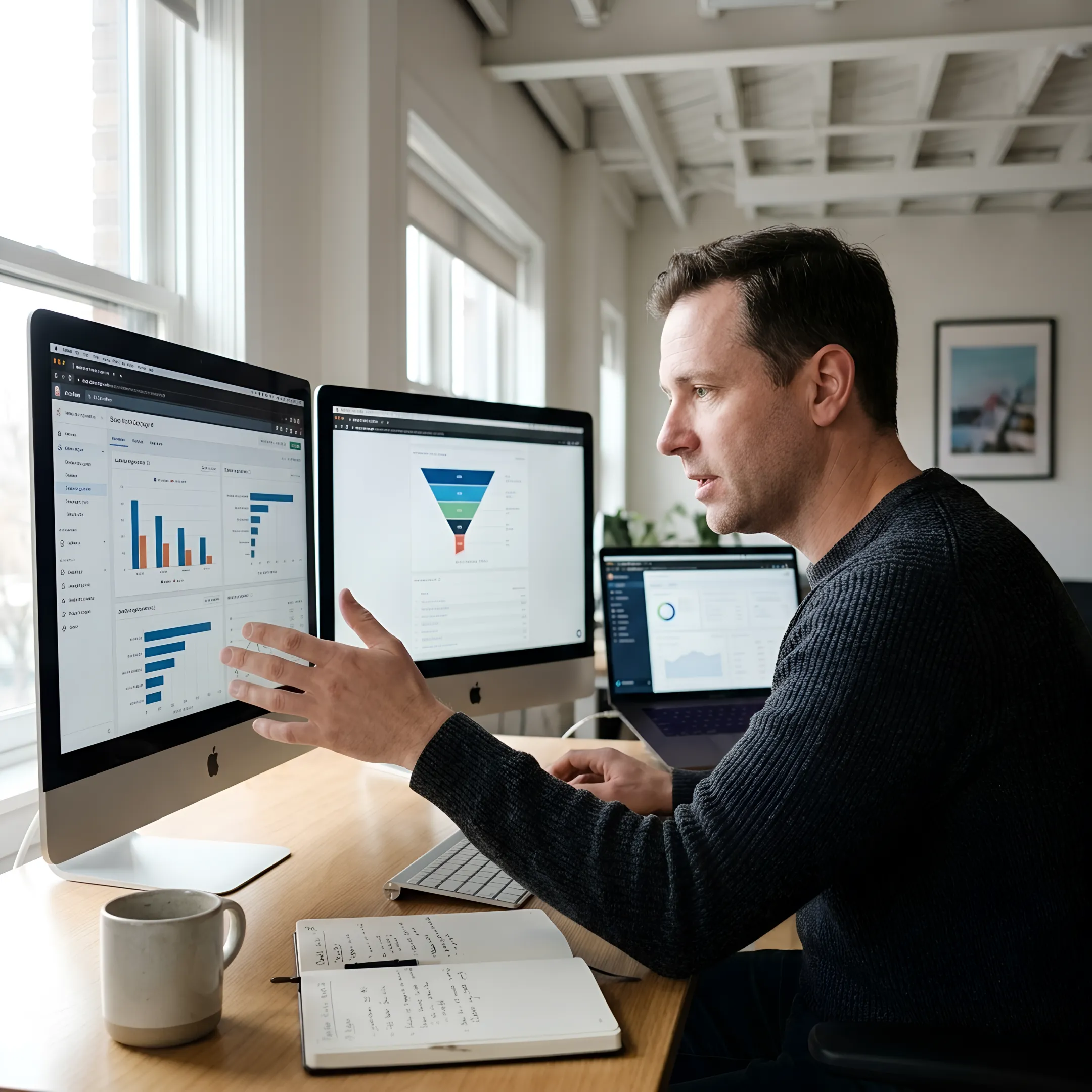Marketing consultant reviewing paid advertising performance