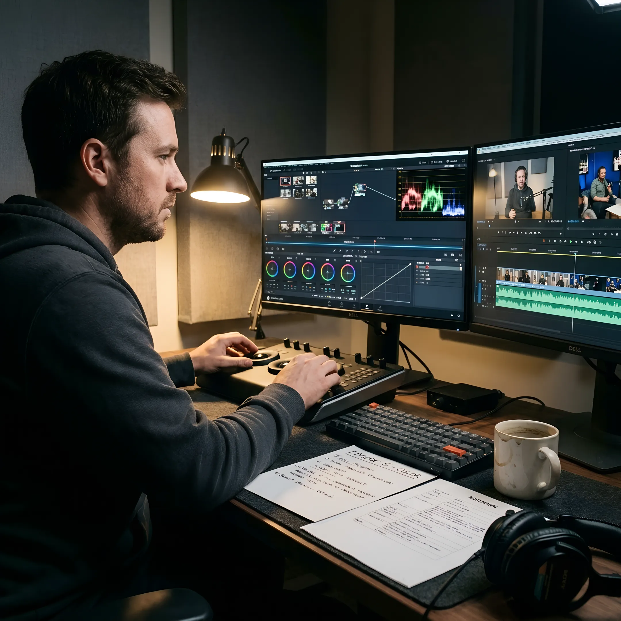 Editor refining a podcast video and audio project