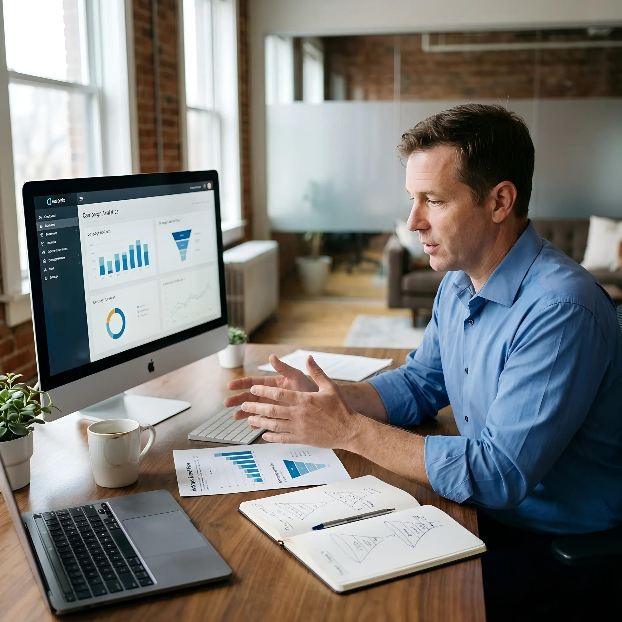 Marketing consultant reviewing growth strategy with a business owner