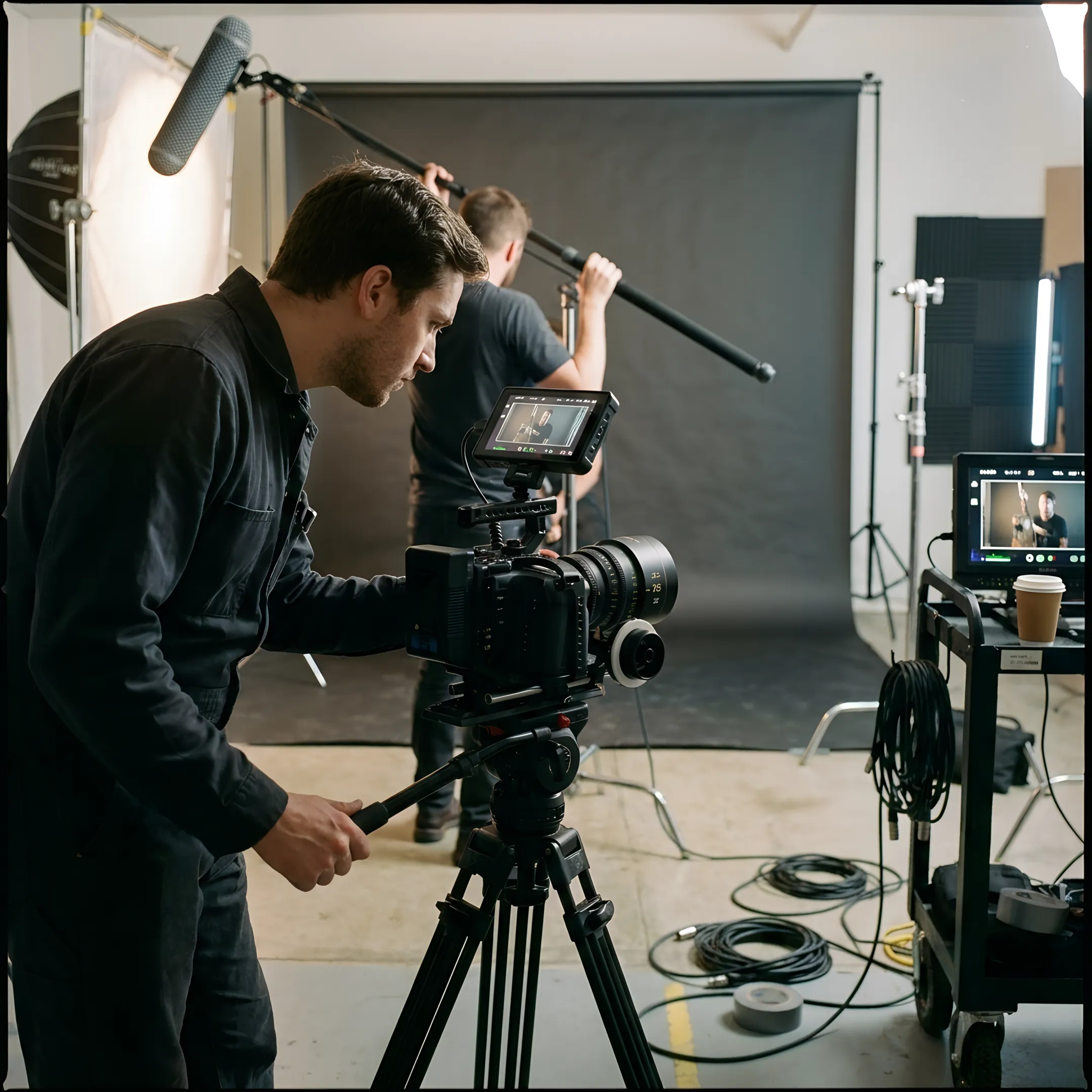 Production team preparing a multi-camera studio
