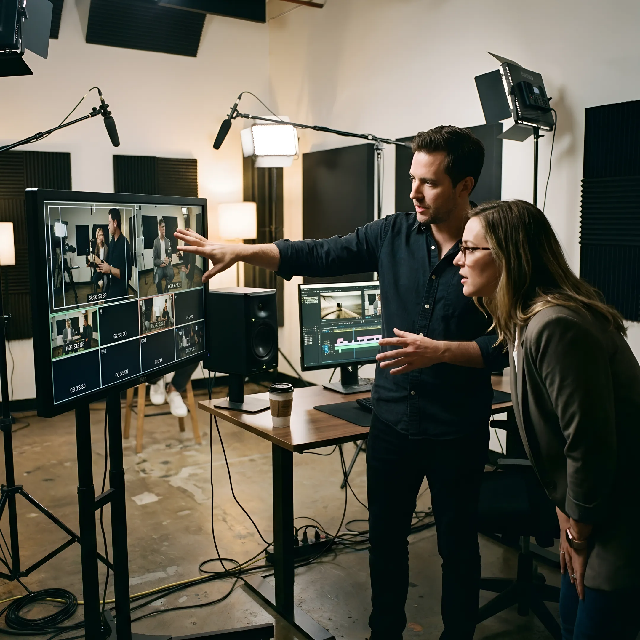 Producer reviewing footage with a client