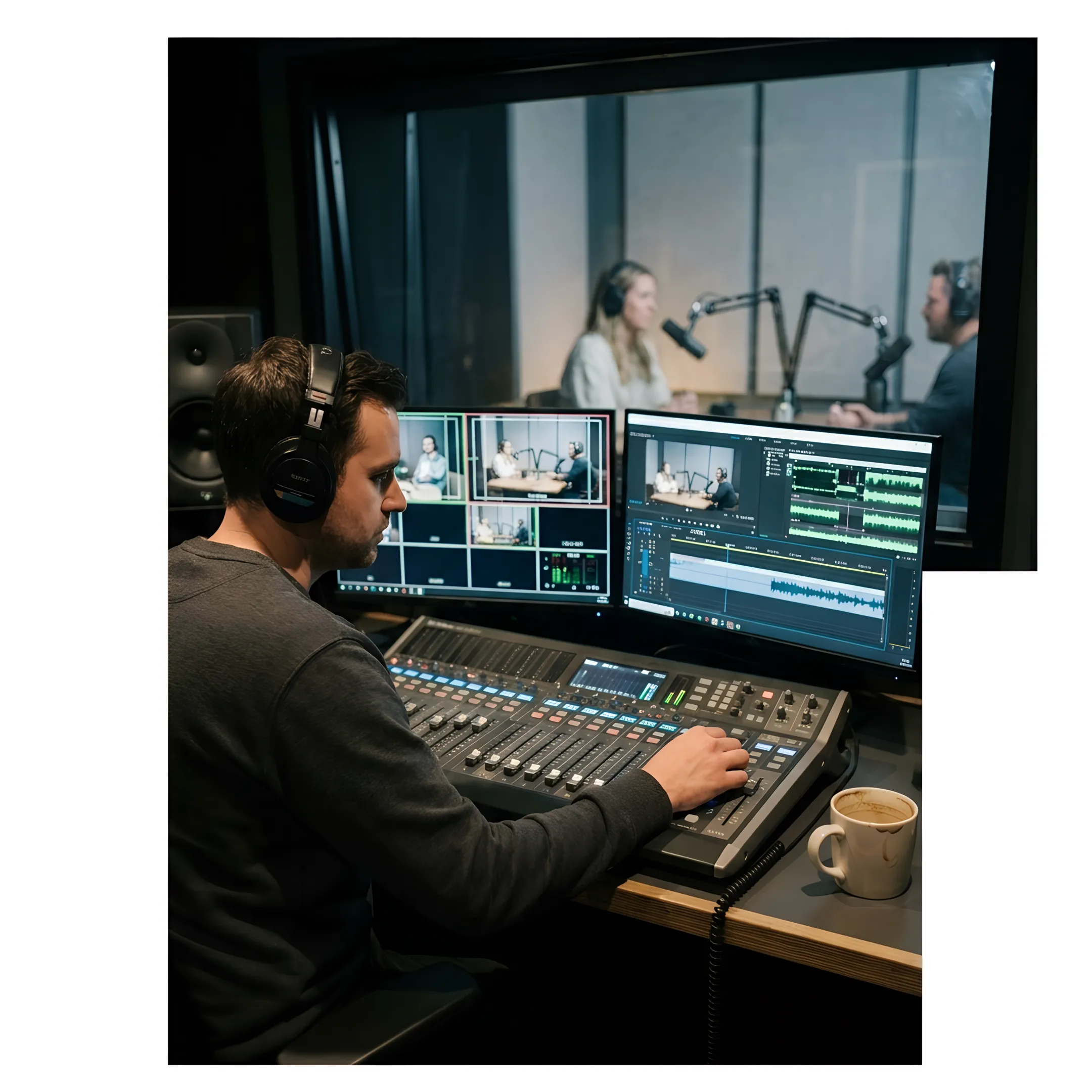 Producer operating cameras and audio equipment in a modern studio