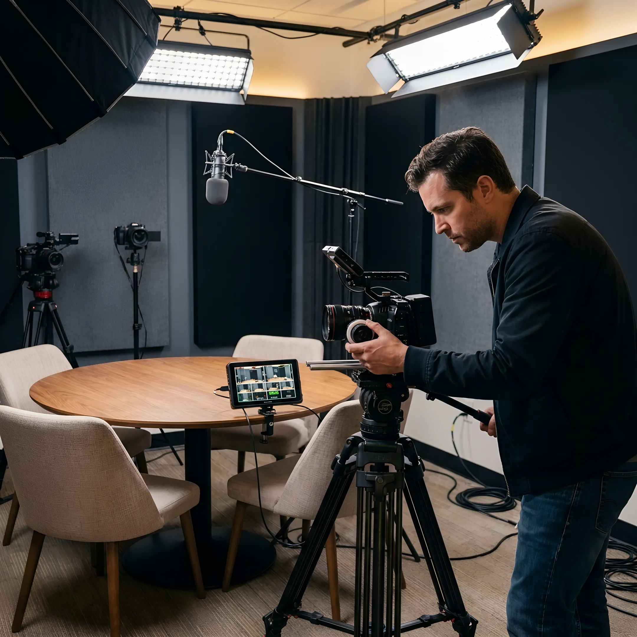 Video producer preparing a multi-camera podcast recording