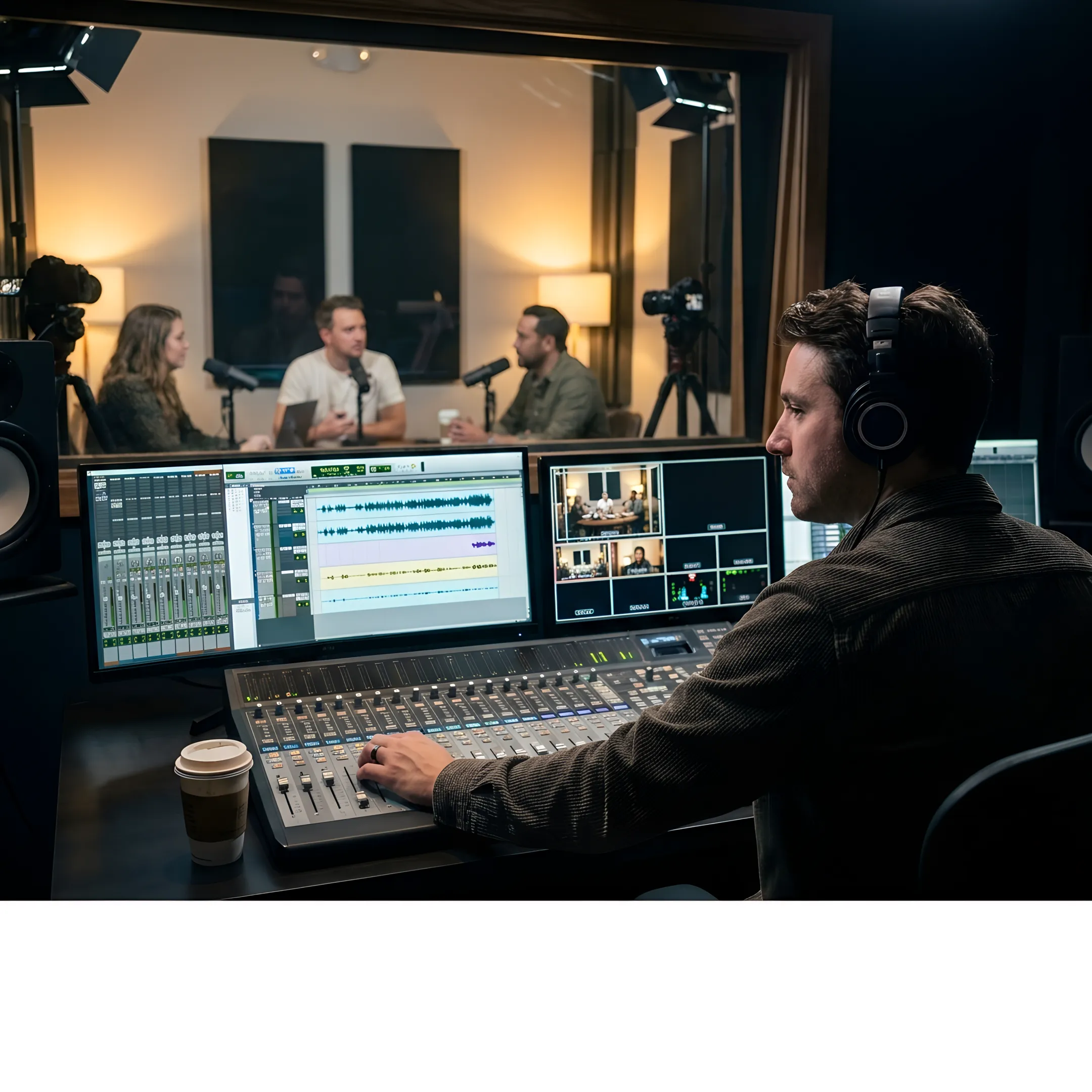 Producer assisting a team during a multi-camera recording
