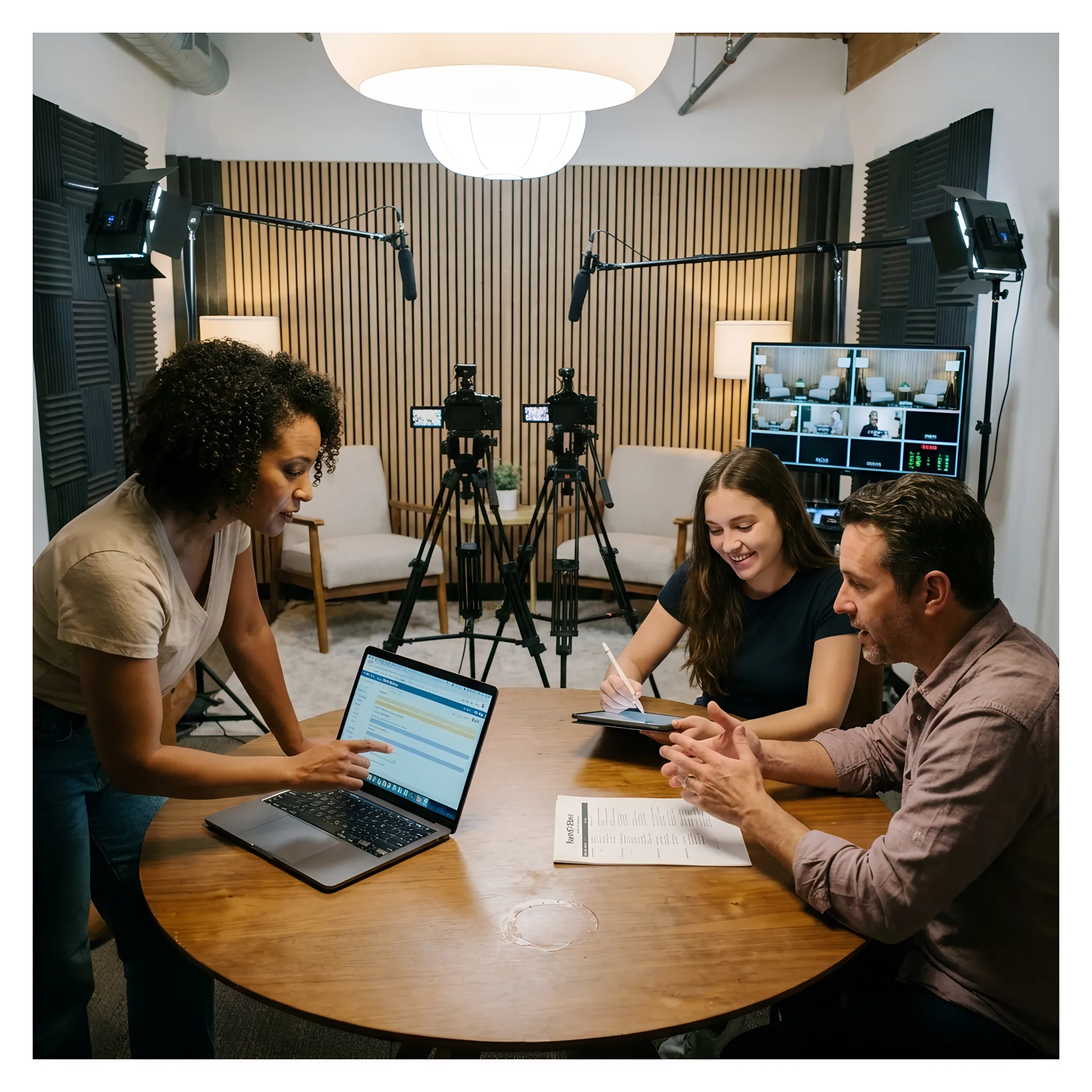 Creative team collaborating in a professional video studio