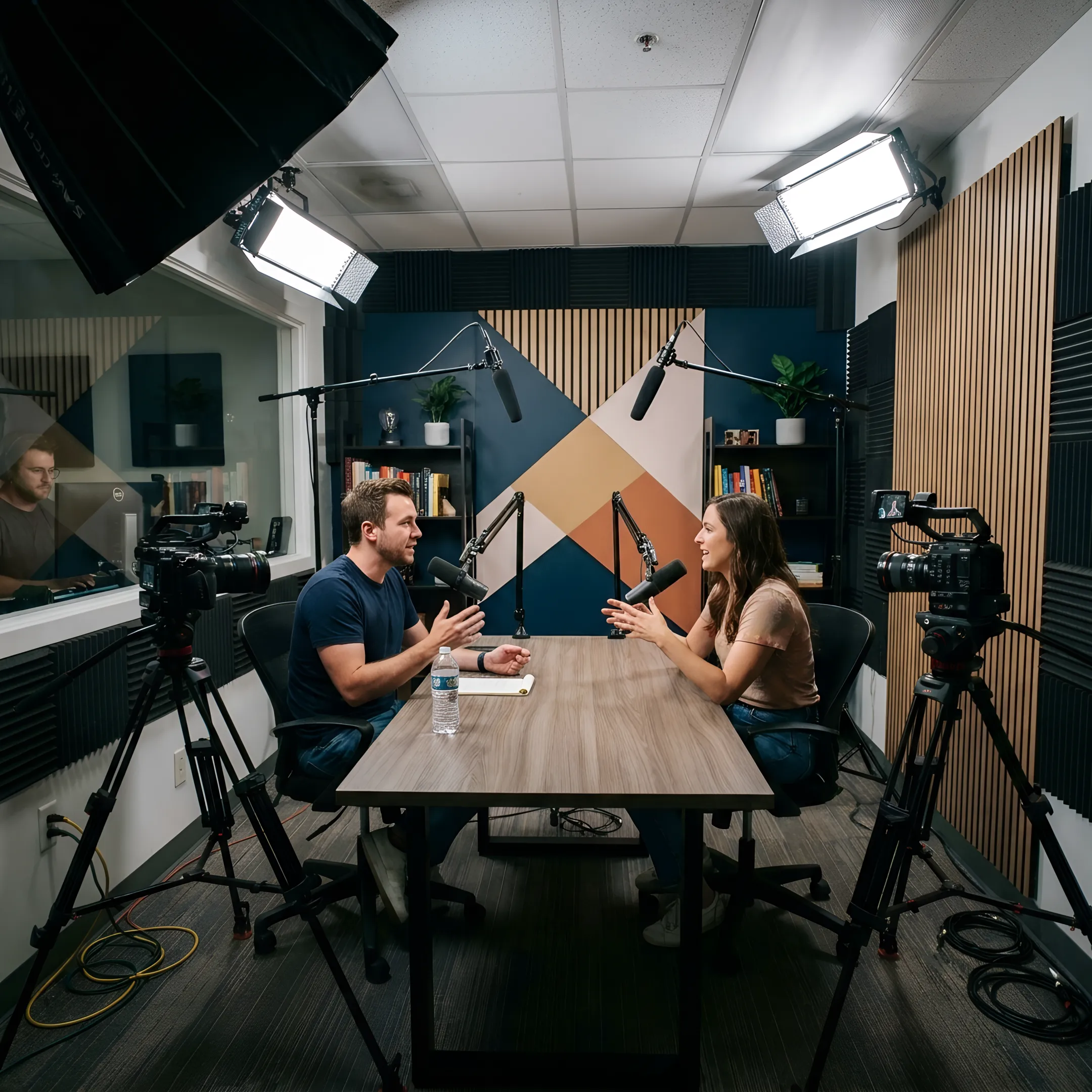 Creator recording a multi-camera podcast in a professional studio