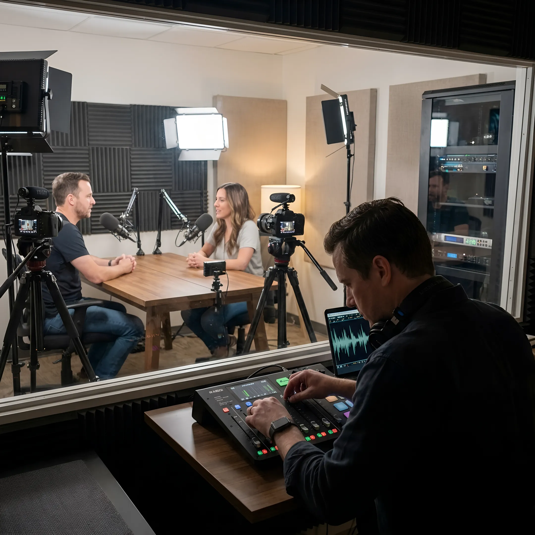 Producer assisting creators during a studio recording session