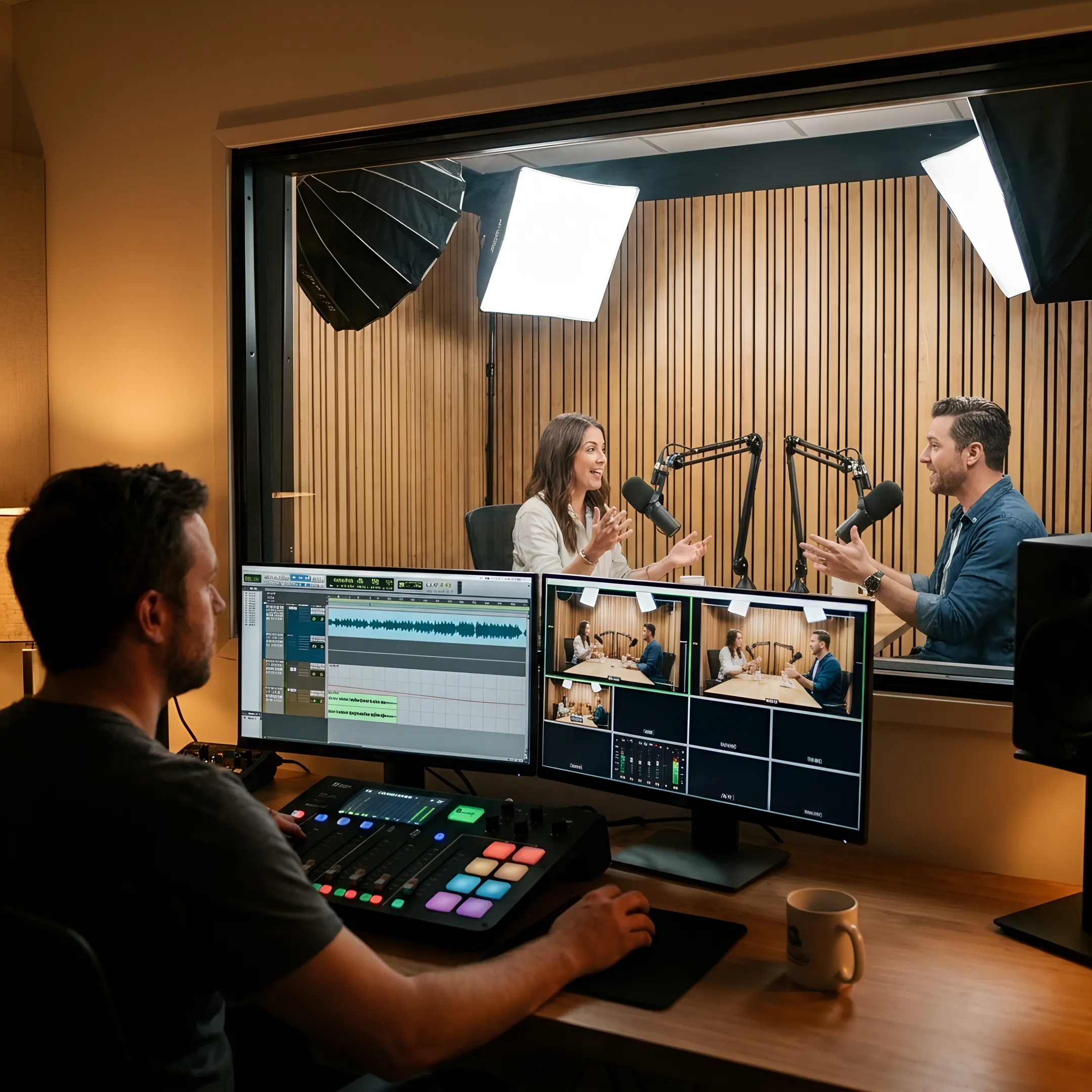 Producer monitoring a multi-camera podcast recording session