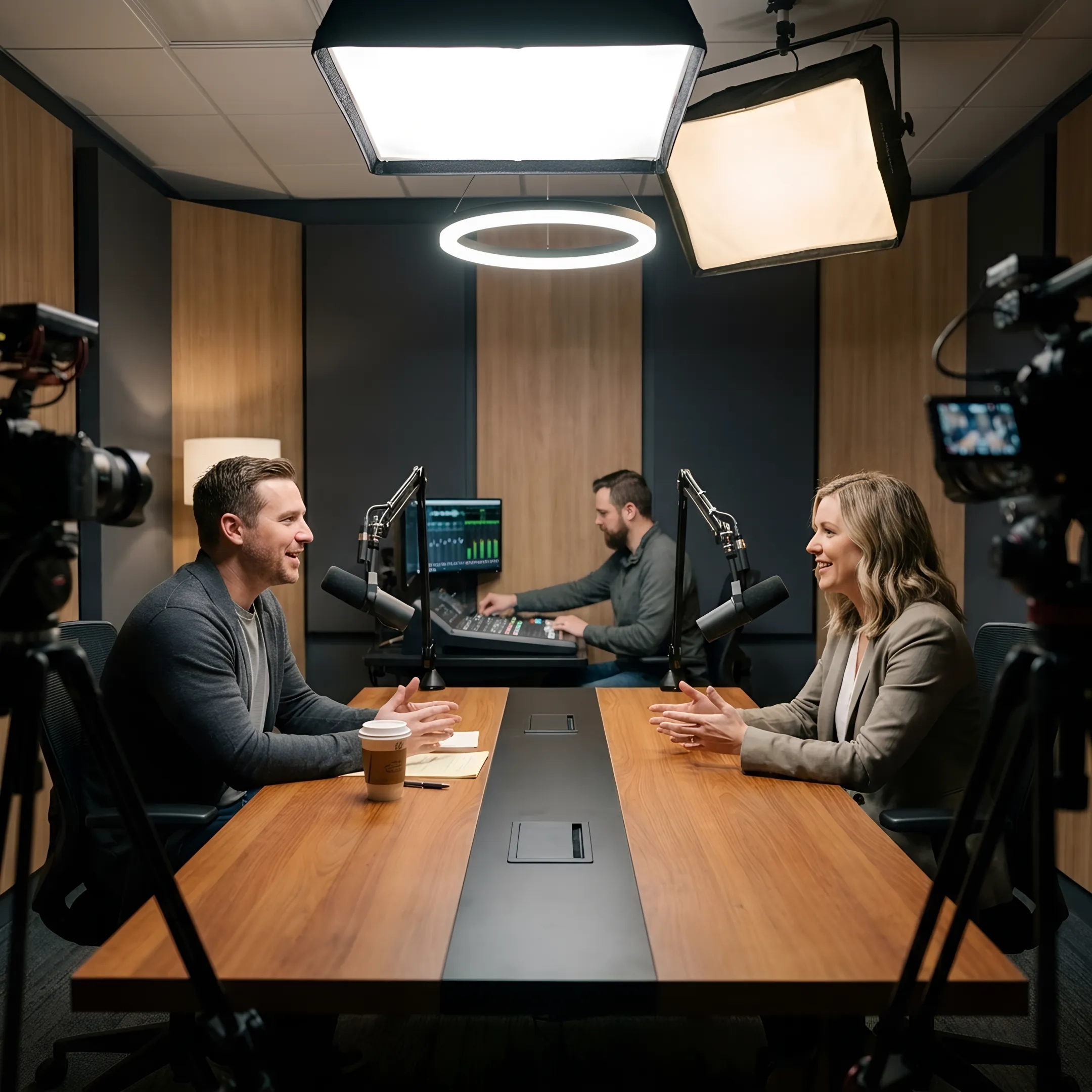 Podcast hosts recording in a professional multi-camera studio