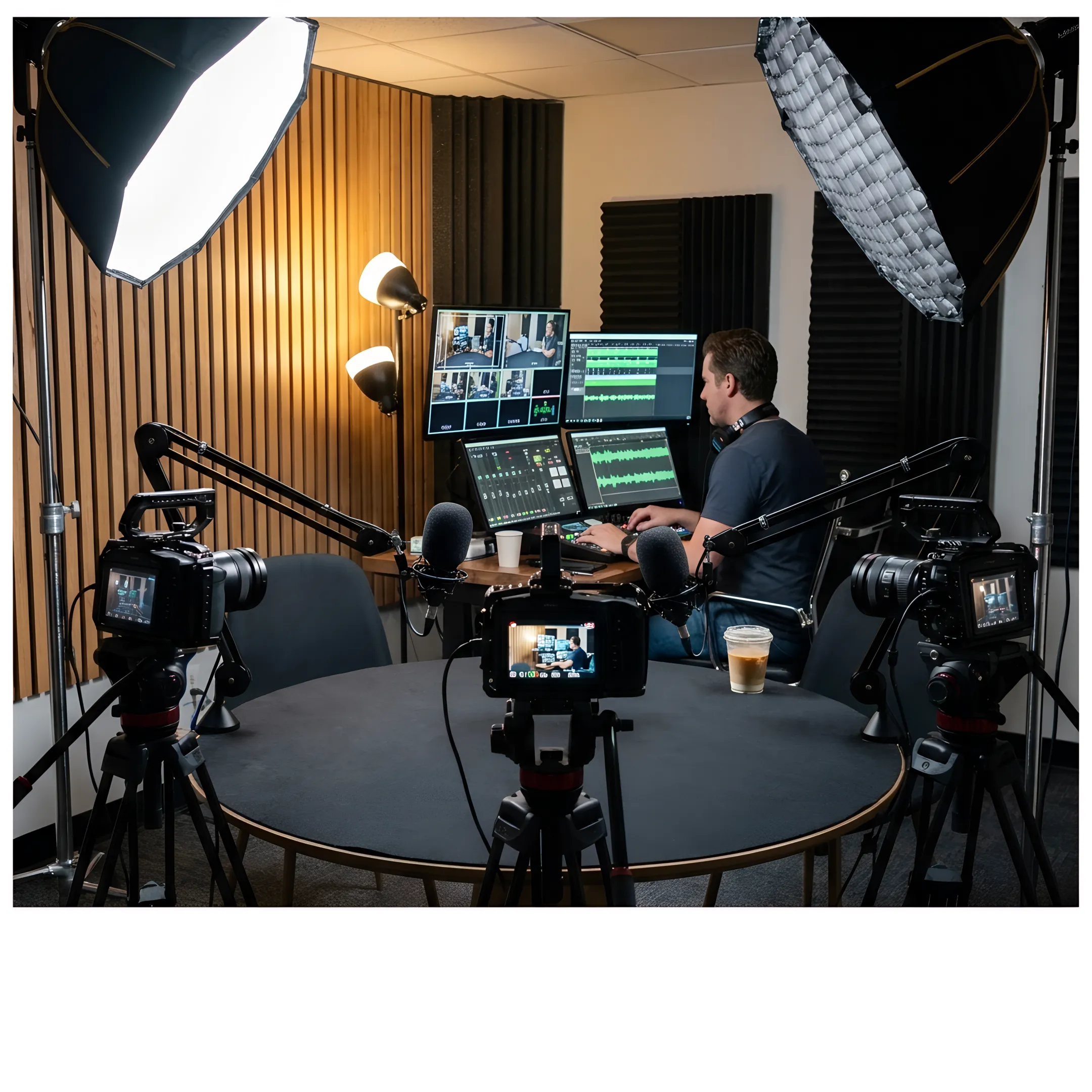 Producer operating cameras during a podcast recording