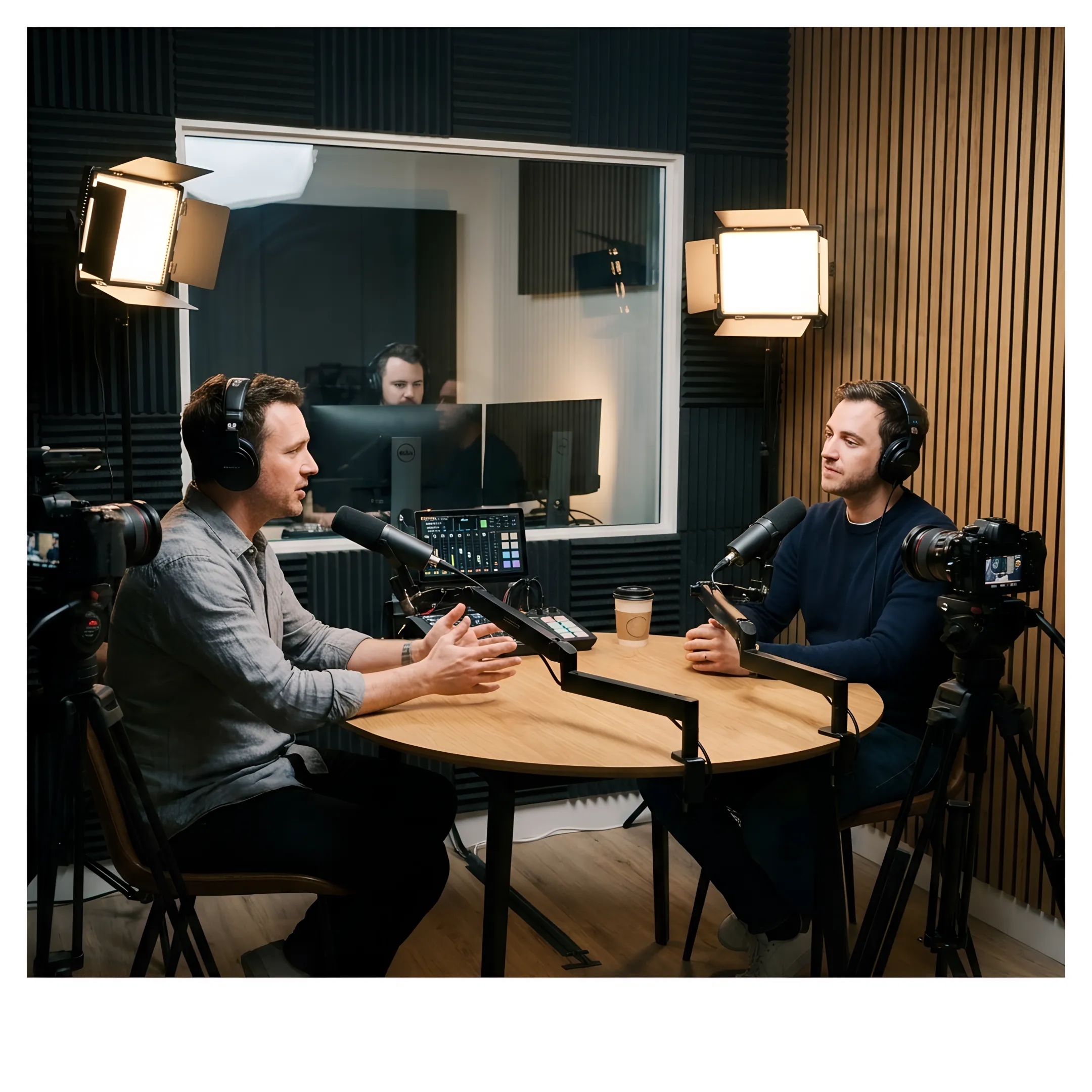 Professional podcast recording studio with cameras and microphones