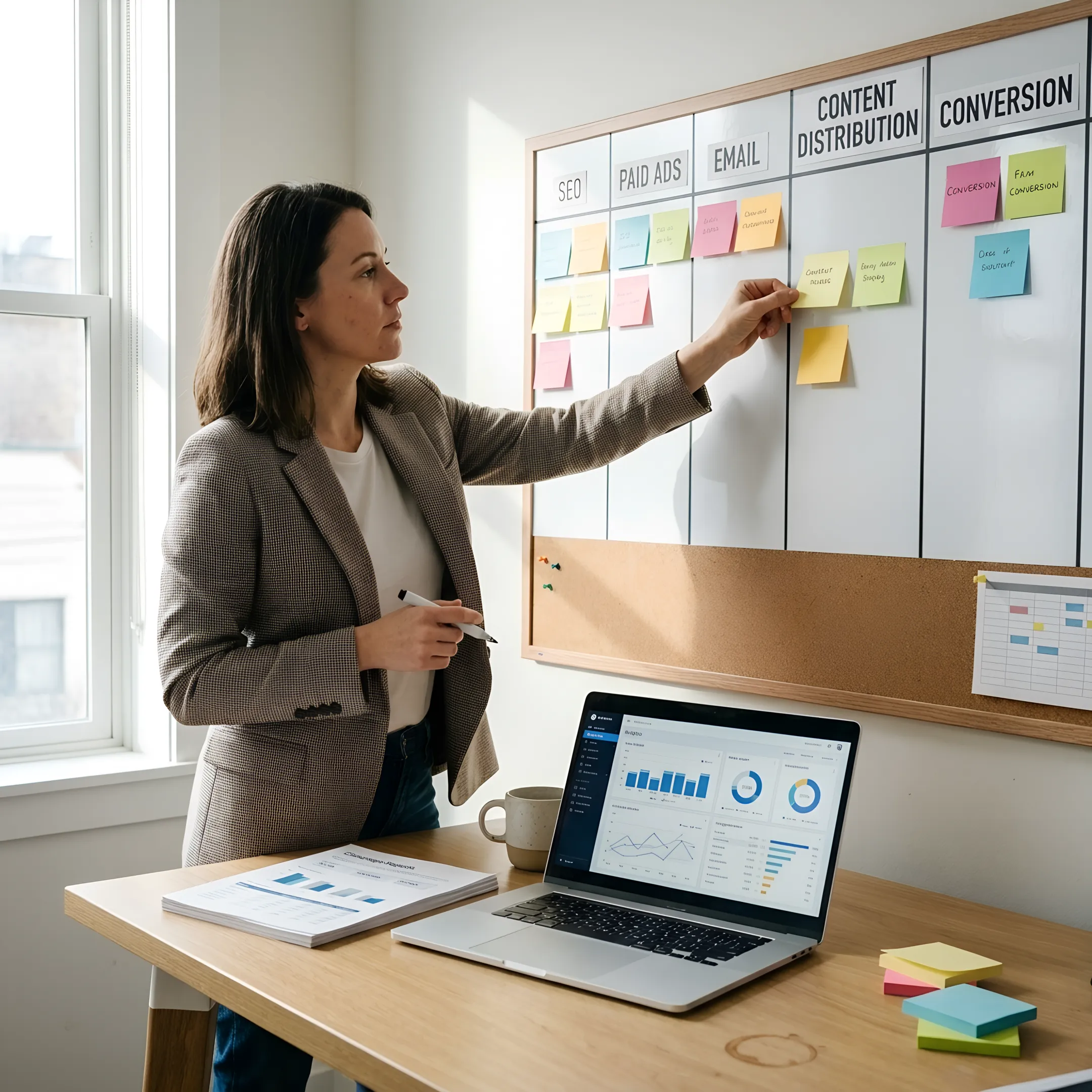 Strategist planning a connected digital marketing campaign