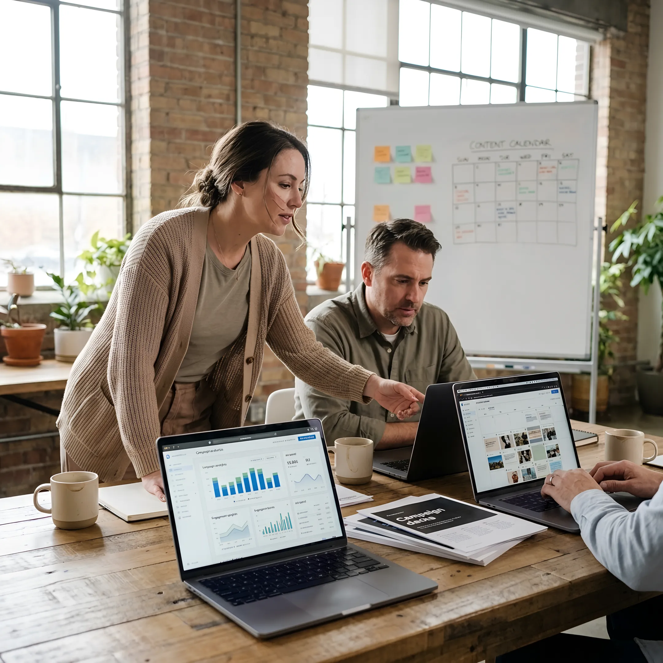 Marketing team reviewing digital campaign performance