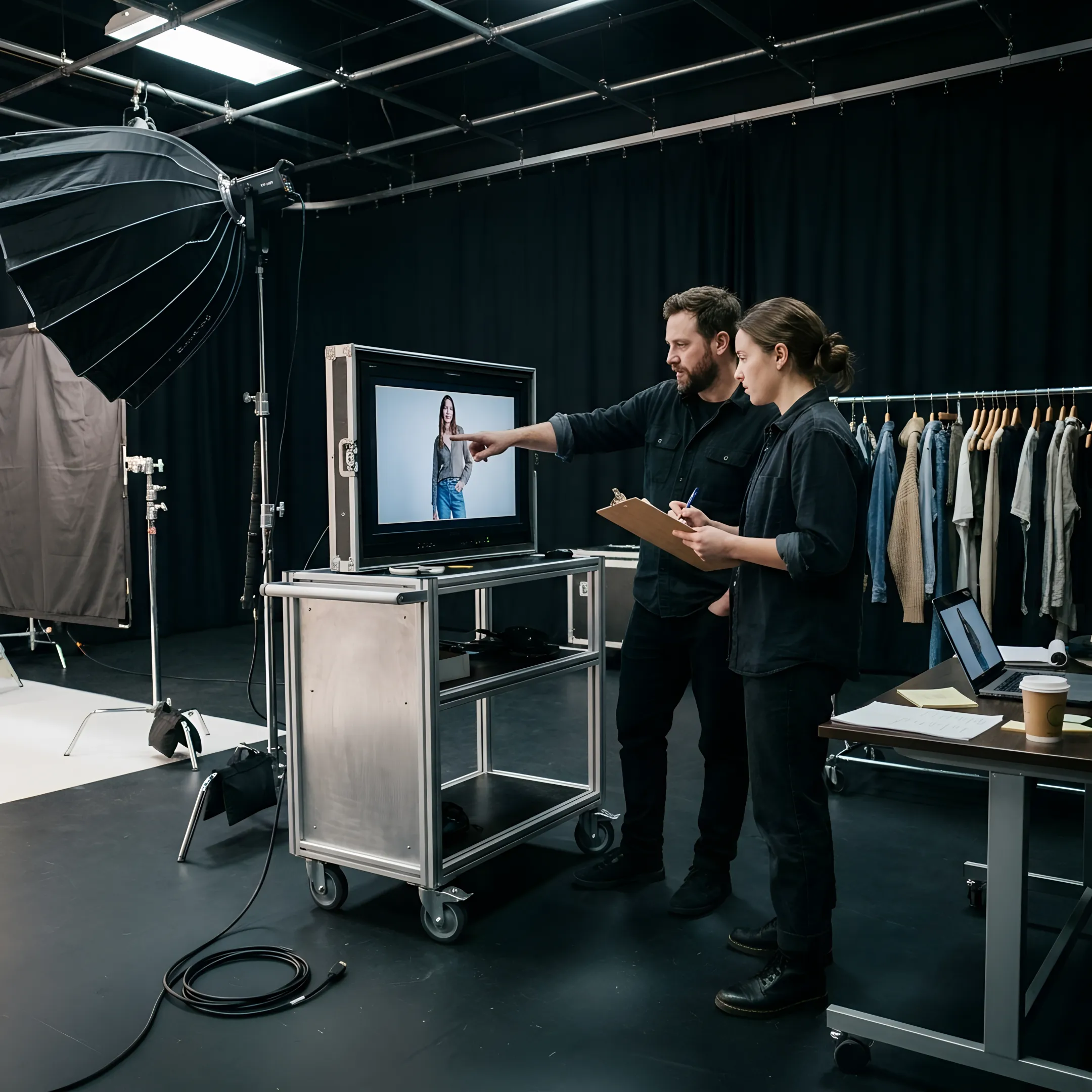 Creative team reviewing fashion campaign footage