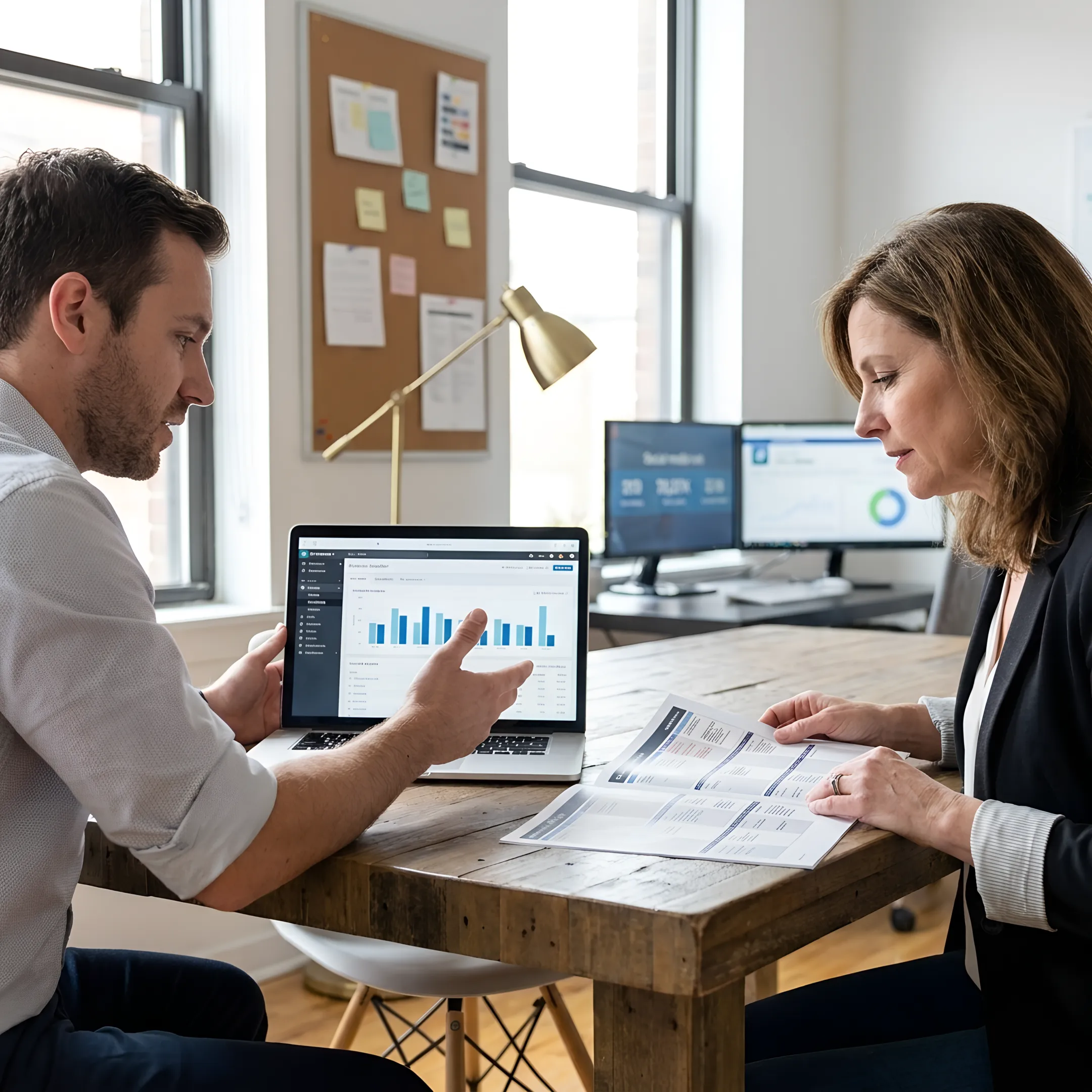 Marketing consultant reviewing campaign strategy with a business team