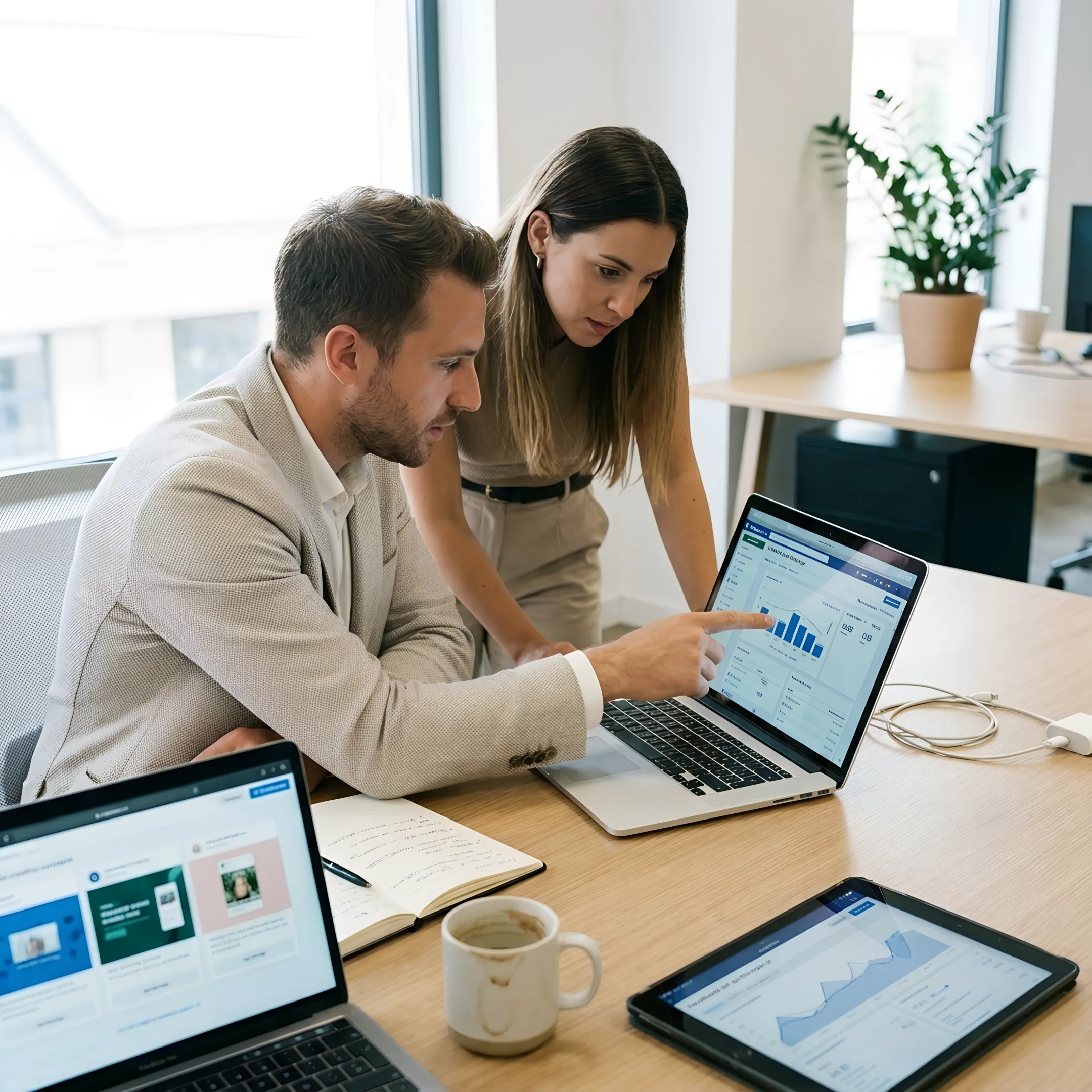 Marketing team reviewing Facebook advertising results
